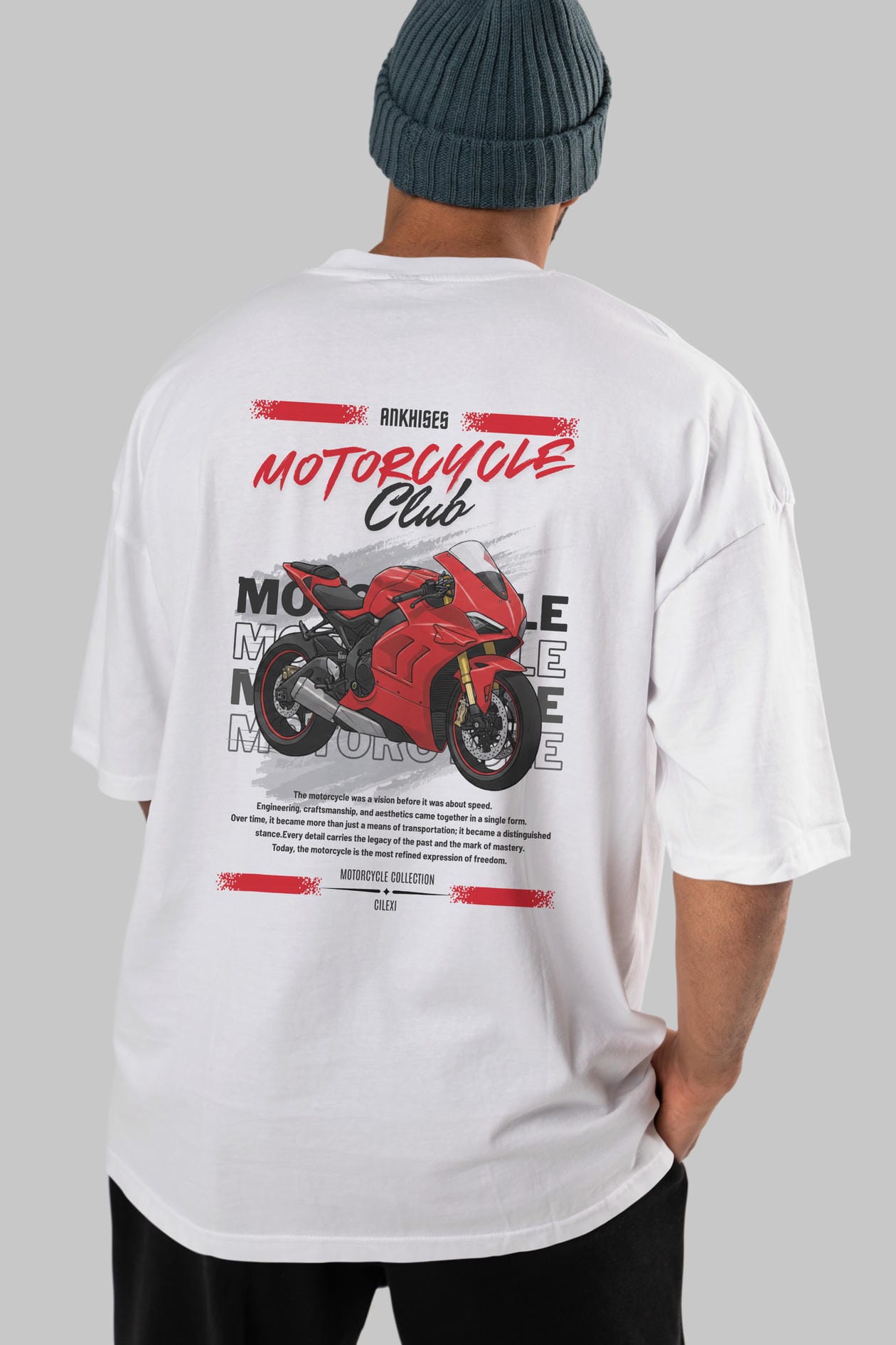 Motosiklet Serisi 7 Arka Baskılı Oversize t-shirt Erkek Kadın %100 Pamuk Bisiklet Yaka tişort