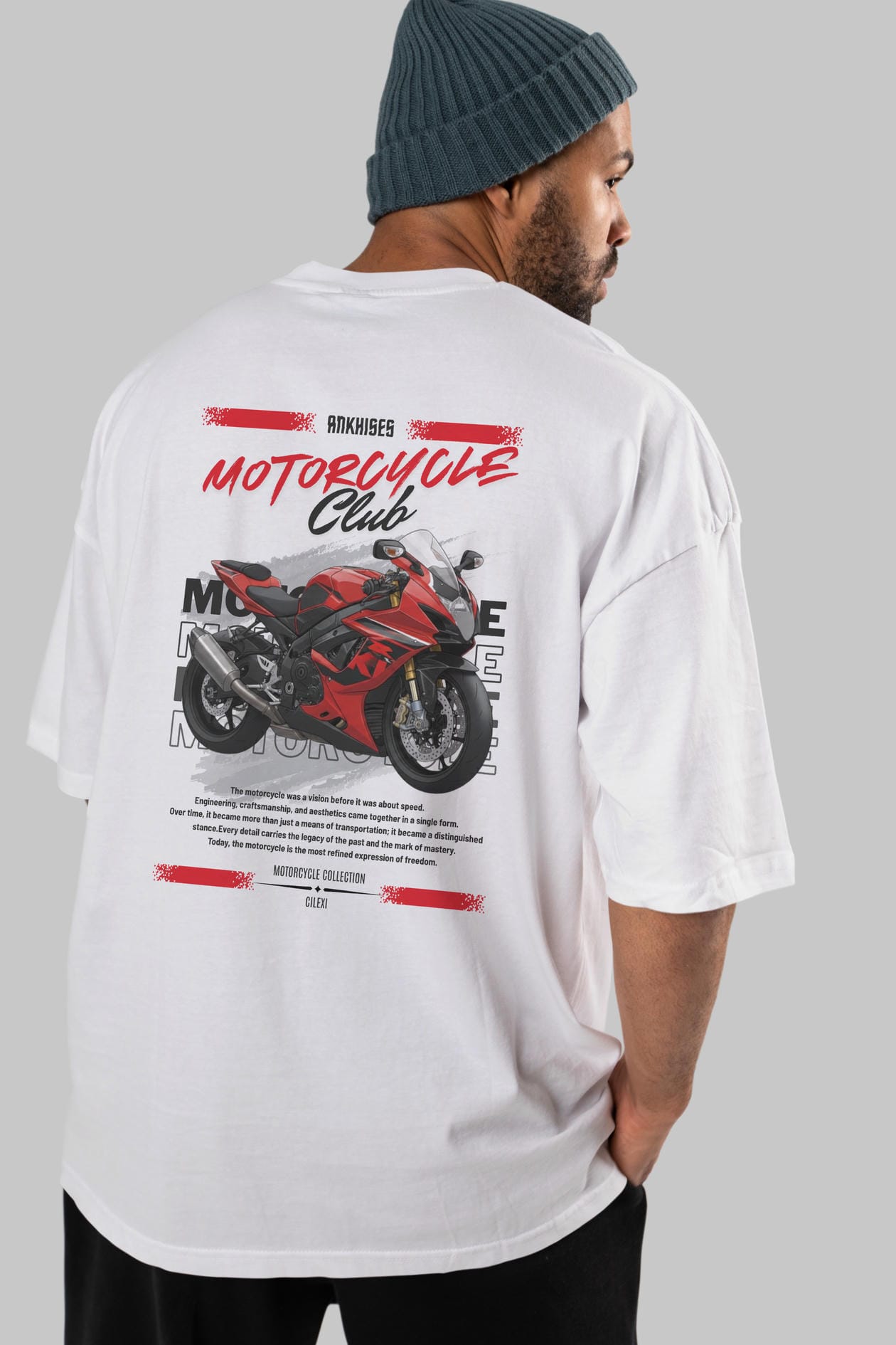 Motosiklet Serisi 5 Arka Baskılı Oversize t-shirt Erkek Kadın %100 Pamuk Bisiklet Yaka tişort