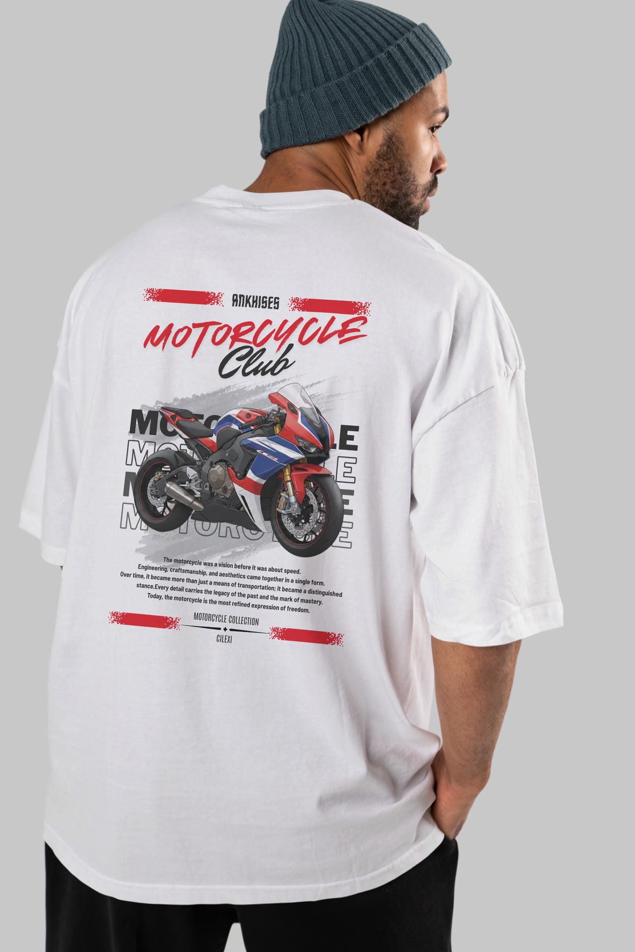 Motosiklet Serisi 3 Arka Baskılı Oversize t-shirt Erkek Kadın %100 Pamuk Bisiklet Yaka tişort