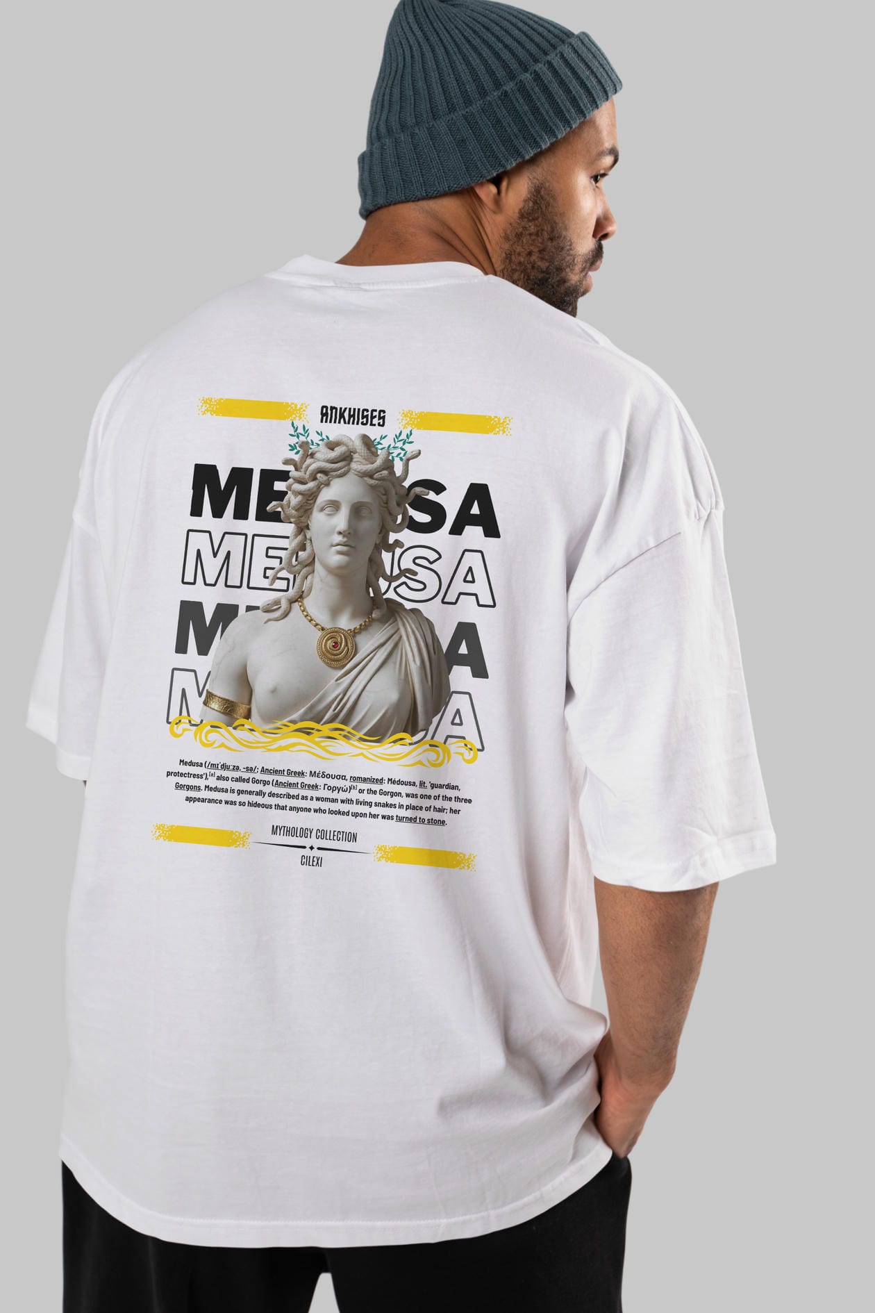 Medusa 3 Arka Baskılı Oversize t-shirt Erkek Kadın %100 Pamuk Bisiklet Yaka tişort
