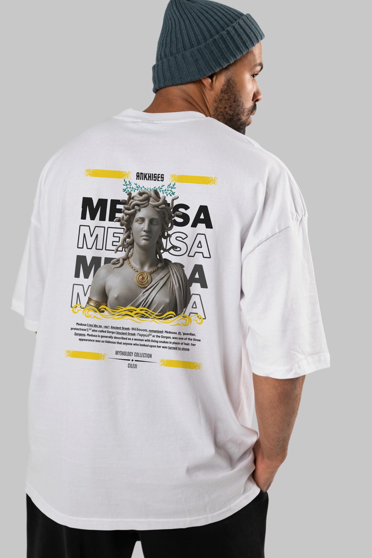 Medusa 4 Arka Baskılı Oversize t-shirt Erkek Kadın %100 Pamuk Bisiklet Yaka tişort