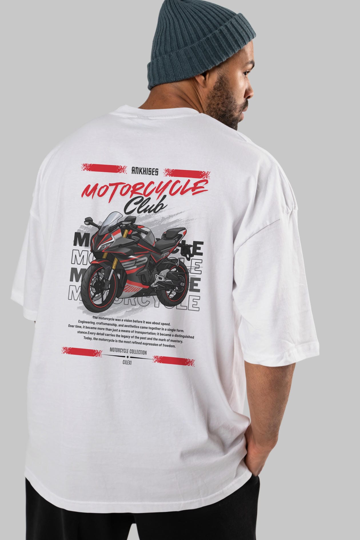 Motosiklet Serisi 17 Arka Baskılı Oversize t-shirt Erkek Kadın %100 Pamuk Bisiklet Yaka tişort