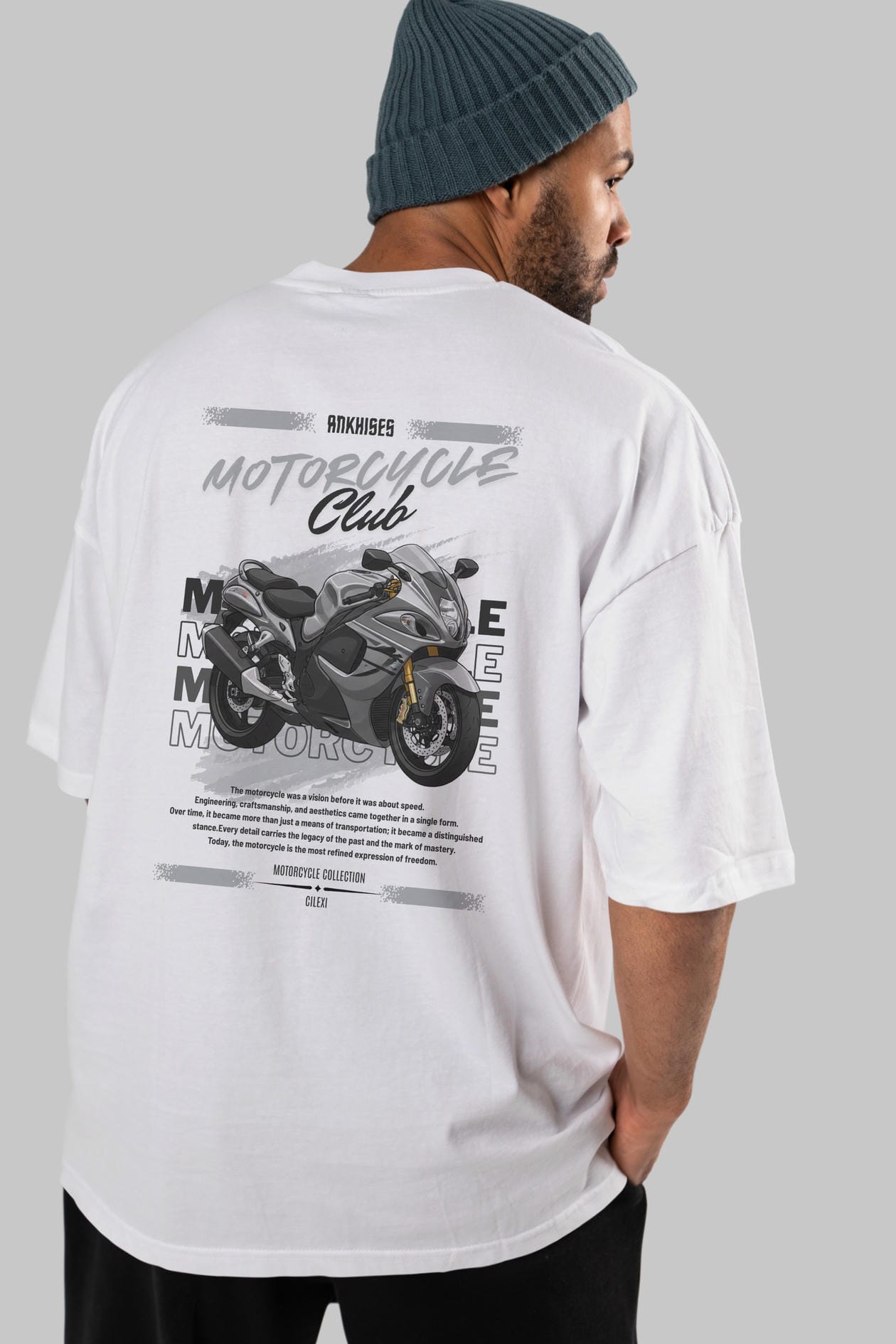 Motosiklet Serisi 9 Arka Baskılı Oversize t-shirt Erkek Kadın %100 Pamuk Bisiklet Yaka tişort