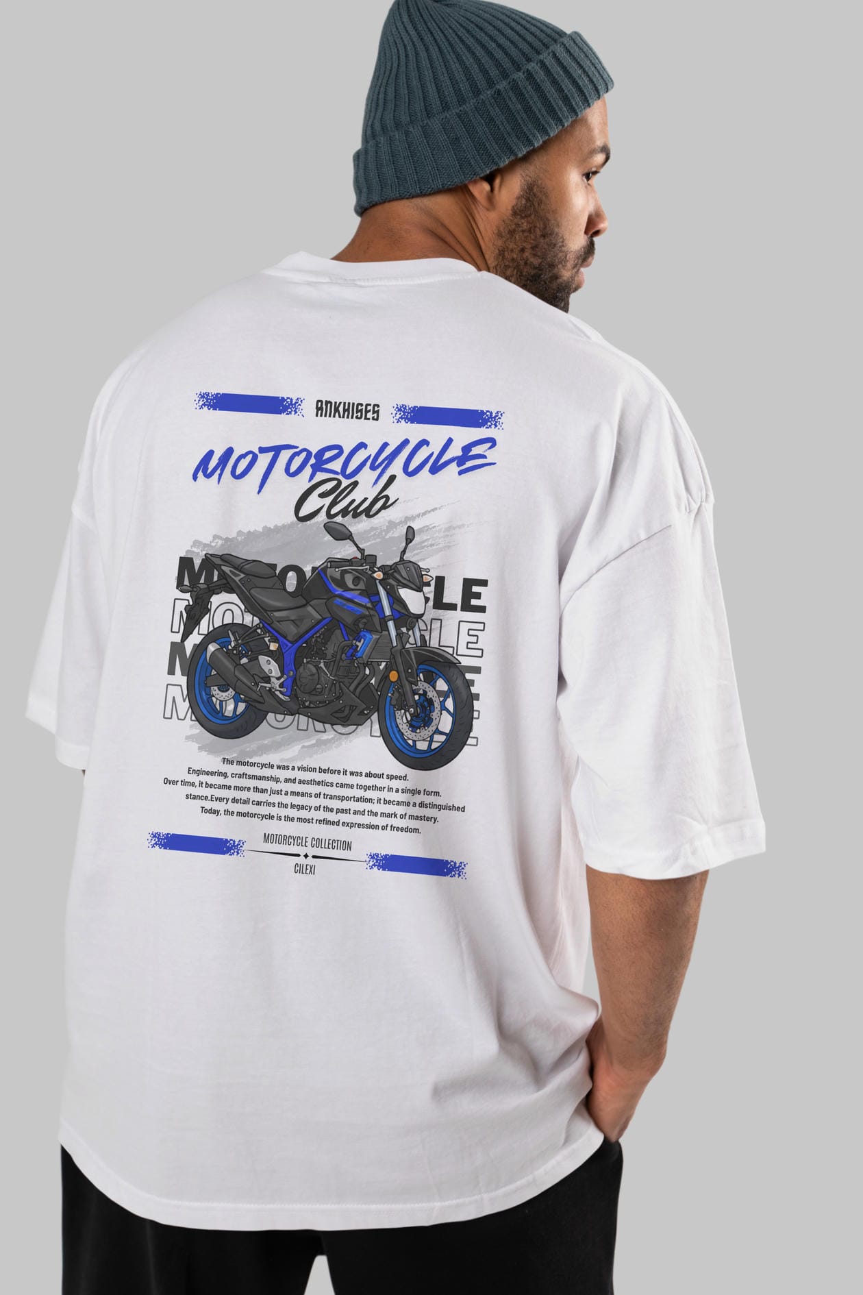 Motosiklet Serisi 22 Arka Baskılı Oversize t-shirt Erkek Kadın %100 Pamuk Bisiklet Yaka tişort