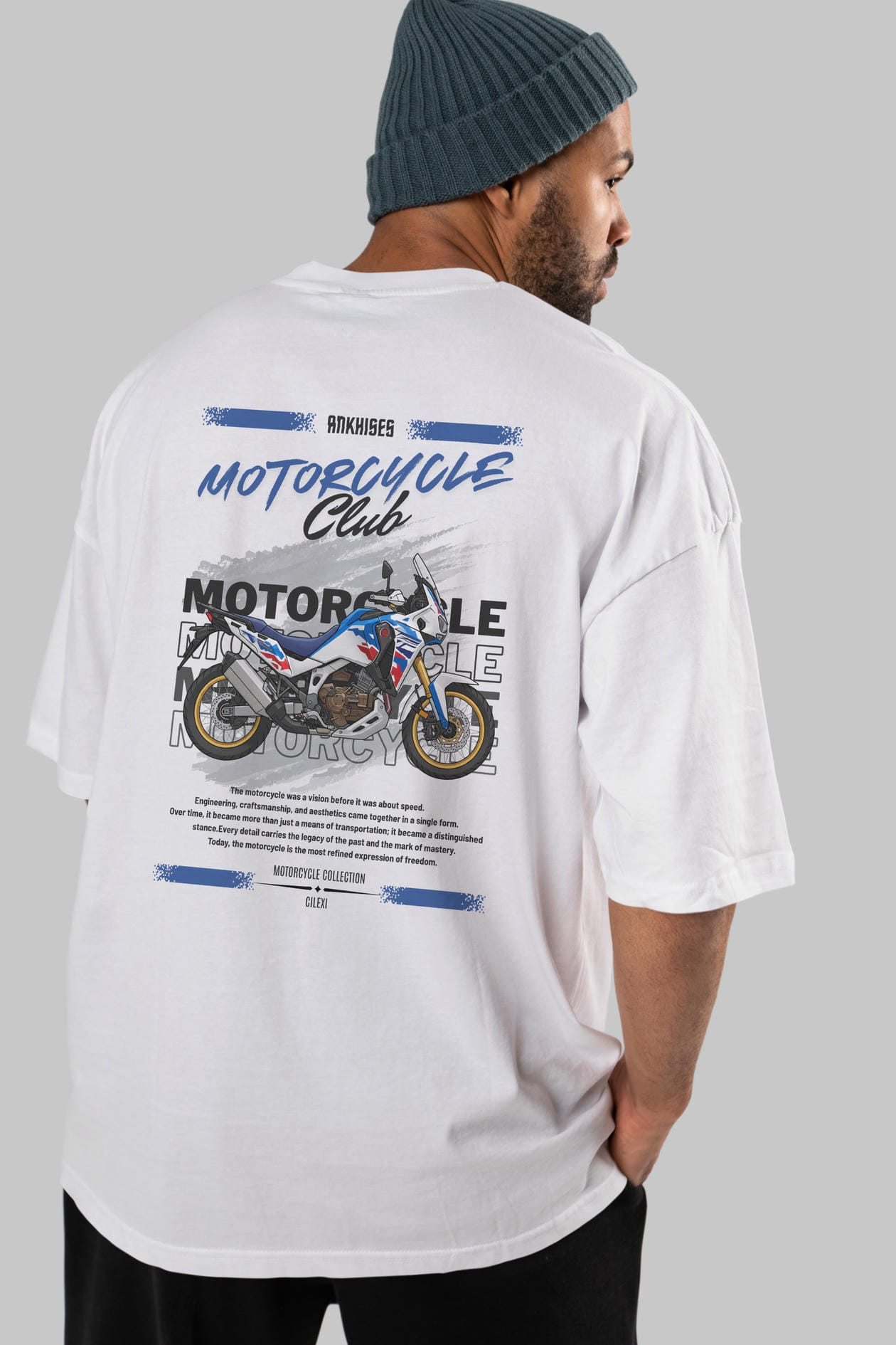Motosiklet Serisi 23 Arka Baskılı Oversize t-shirt Erkek Kadın %100 Pamuk Bisiklet Yaka tişort