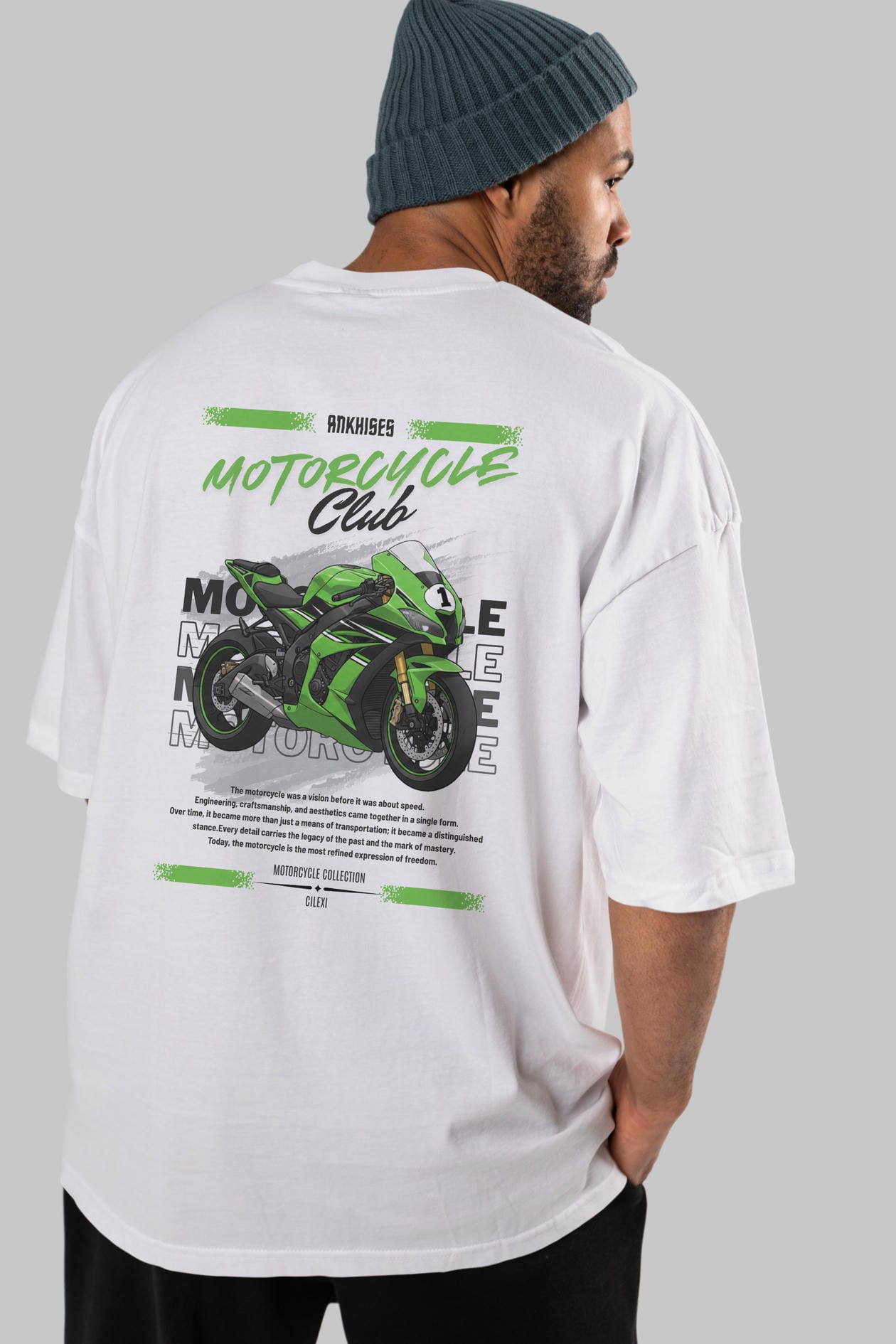 Motosiklet Serisi 6 Arka Baskılı Oversize t-shirt Erkek Kadın %100 Pamuk Bisiklet Yaka tişort