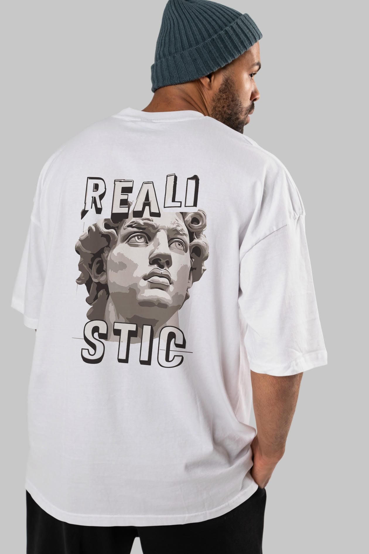 Realistic Arka Baskılı Oversize t-shirt Erkek Kadın %100 Pamuk Bisiklet Yaka tişort