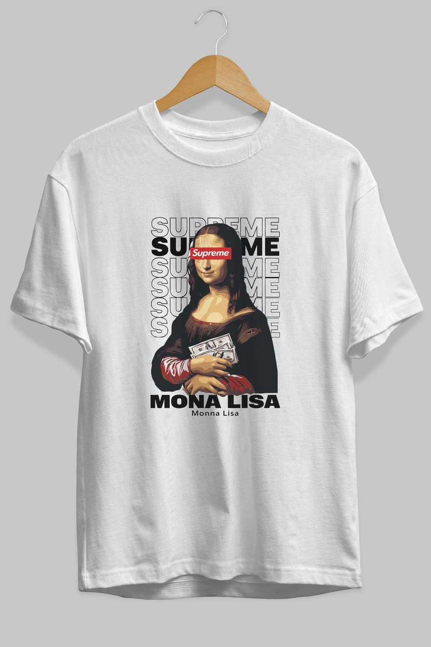 Mona Lisa Supreme ön Baskılı Oversize t-shirt Erkek Kadın %100 Pamuk Bisiklet Yaka tişort