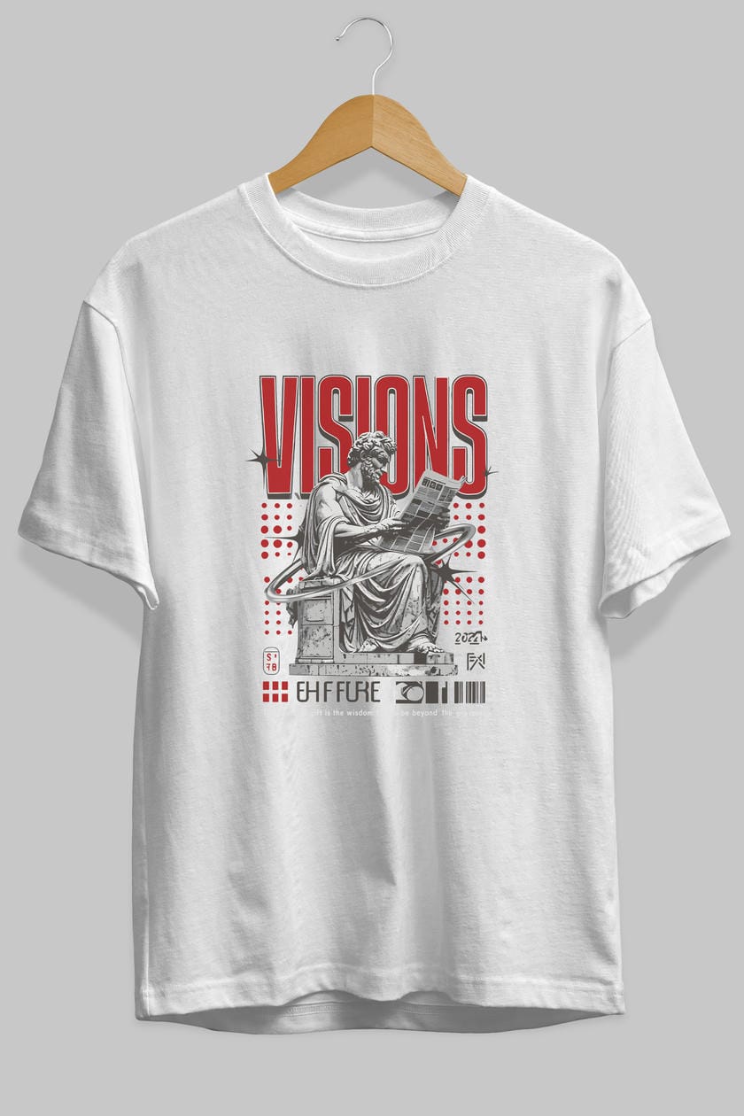 Visions ön Baskılı Oversize t-shirt Erkek Kadın %100 Pamuk Bisiklet Yaka tişort