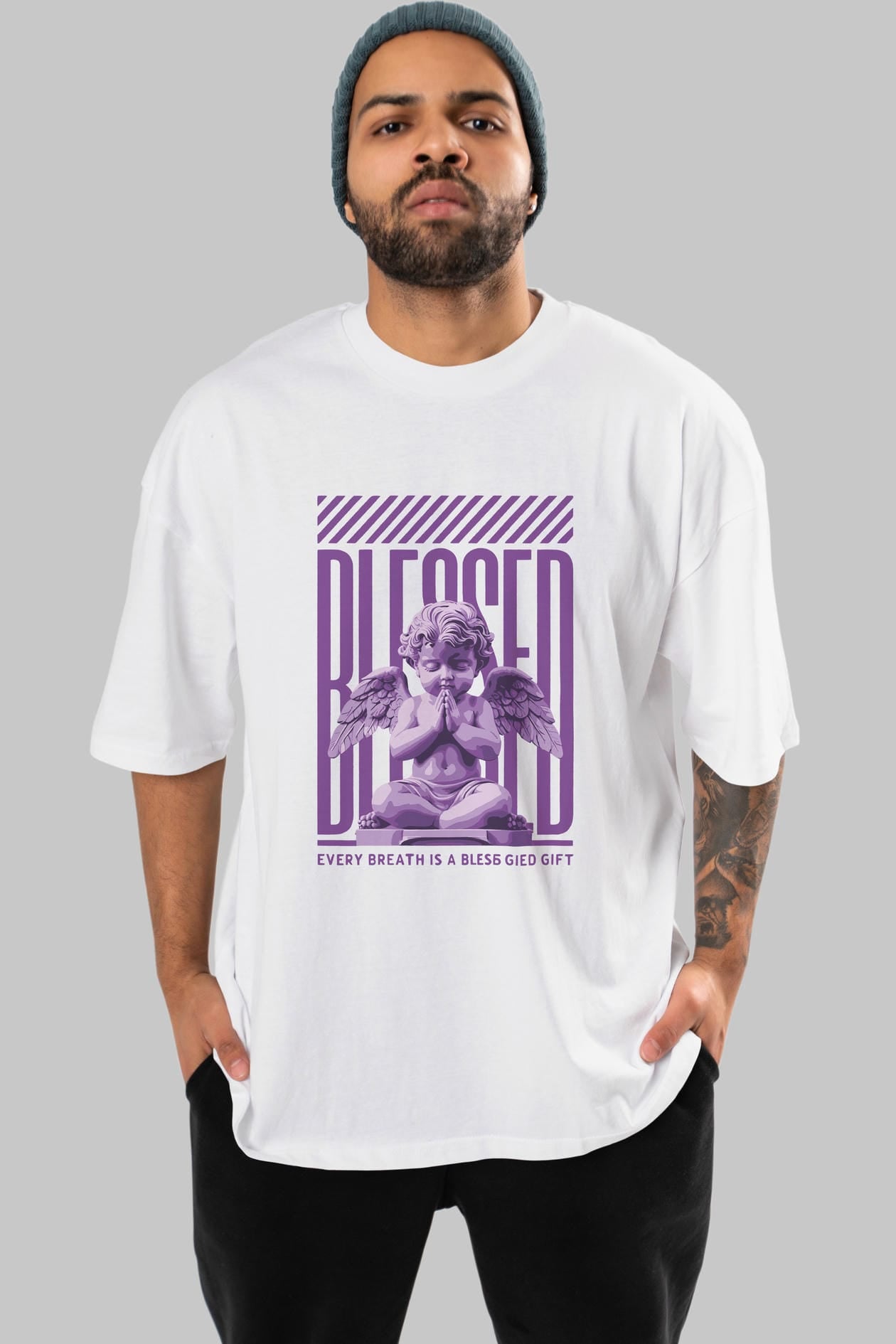 Blessed ön Baskılı Oversize t-shirt Erkek Kadın %100 Pamuk Bisiklet Yaka tişort