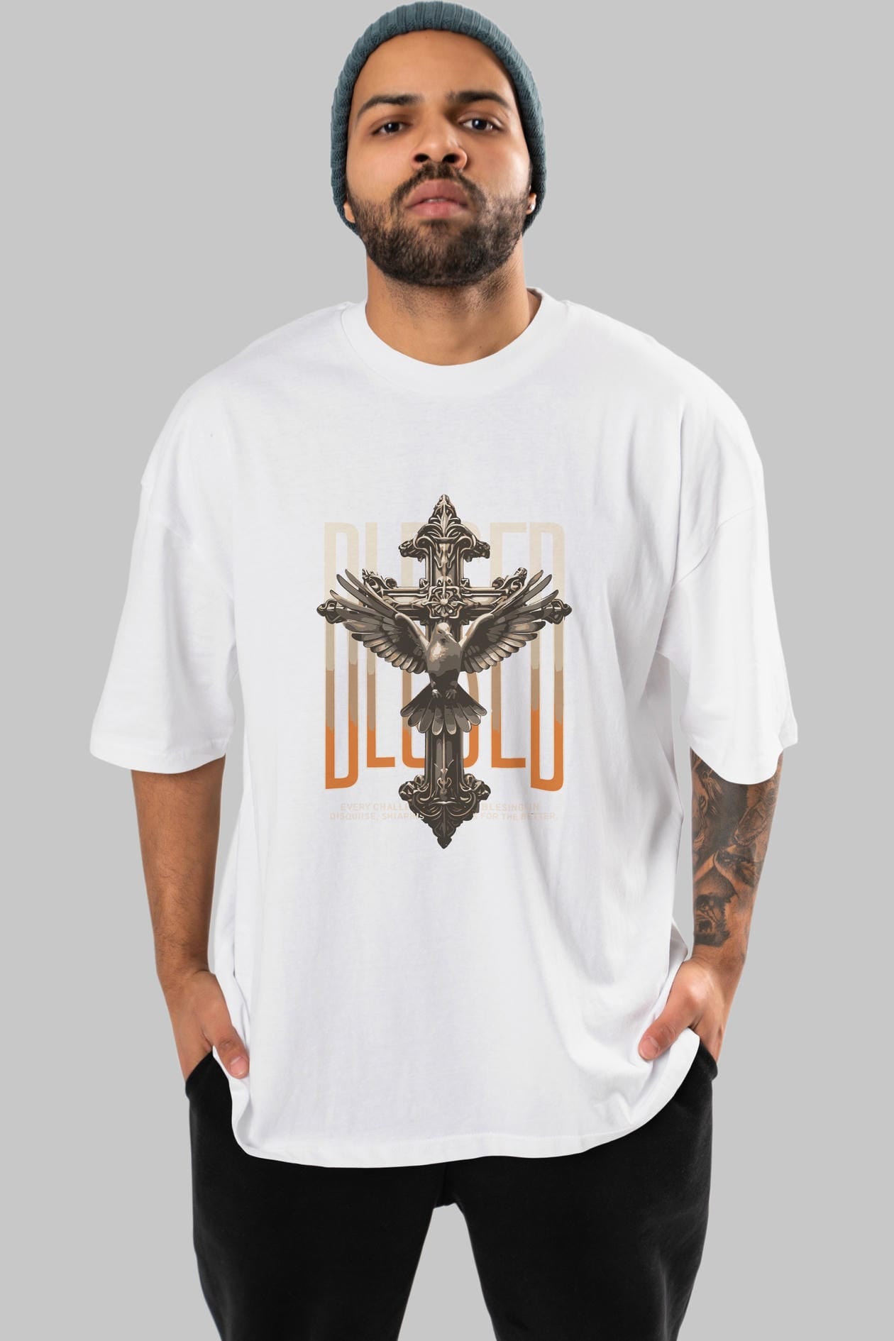Blesed ön Baskılı Oversize t-shirt Erkek Kadın %100 Pamuk Bisiklet Yaka tişort