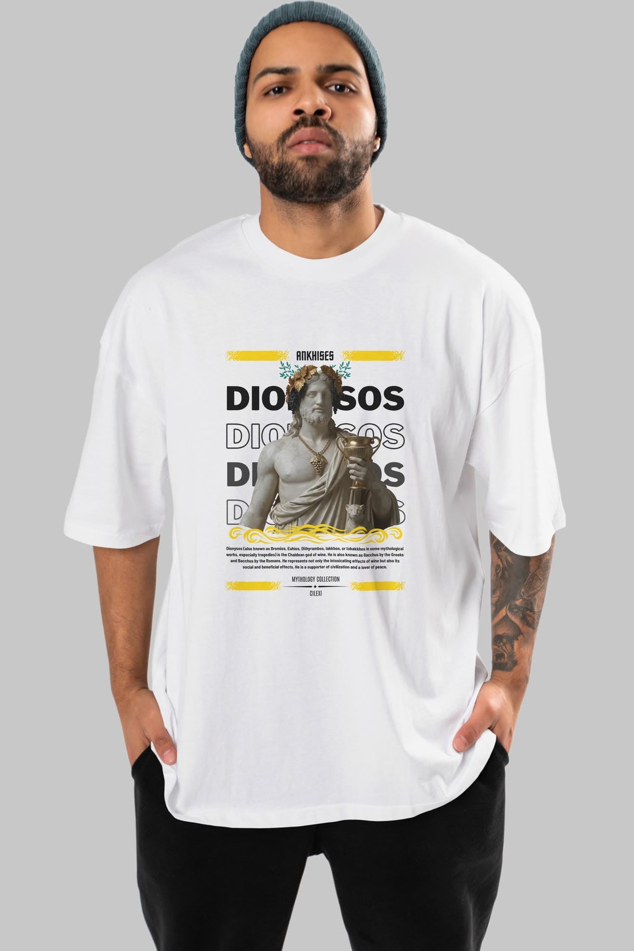 Dionysos 2 ön Baskılı Oversize t-shirt Erkek Kadın %100 Pamuk Bisiklet Yaka tişort
