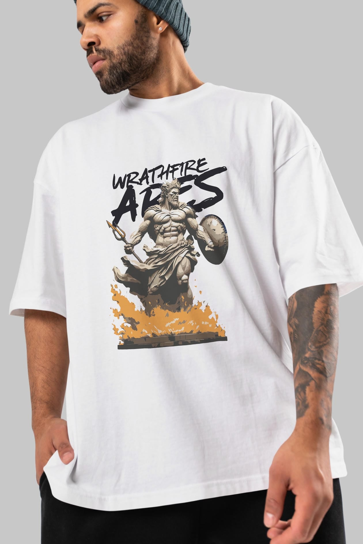 WrathFire Ares ön Baskılı Oversize t-shirt Erkek Kadın %100 Pamuk Bisiklet Yaka tişort