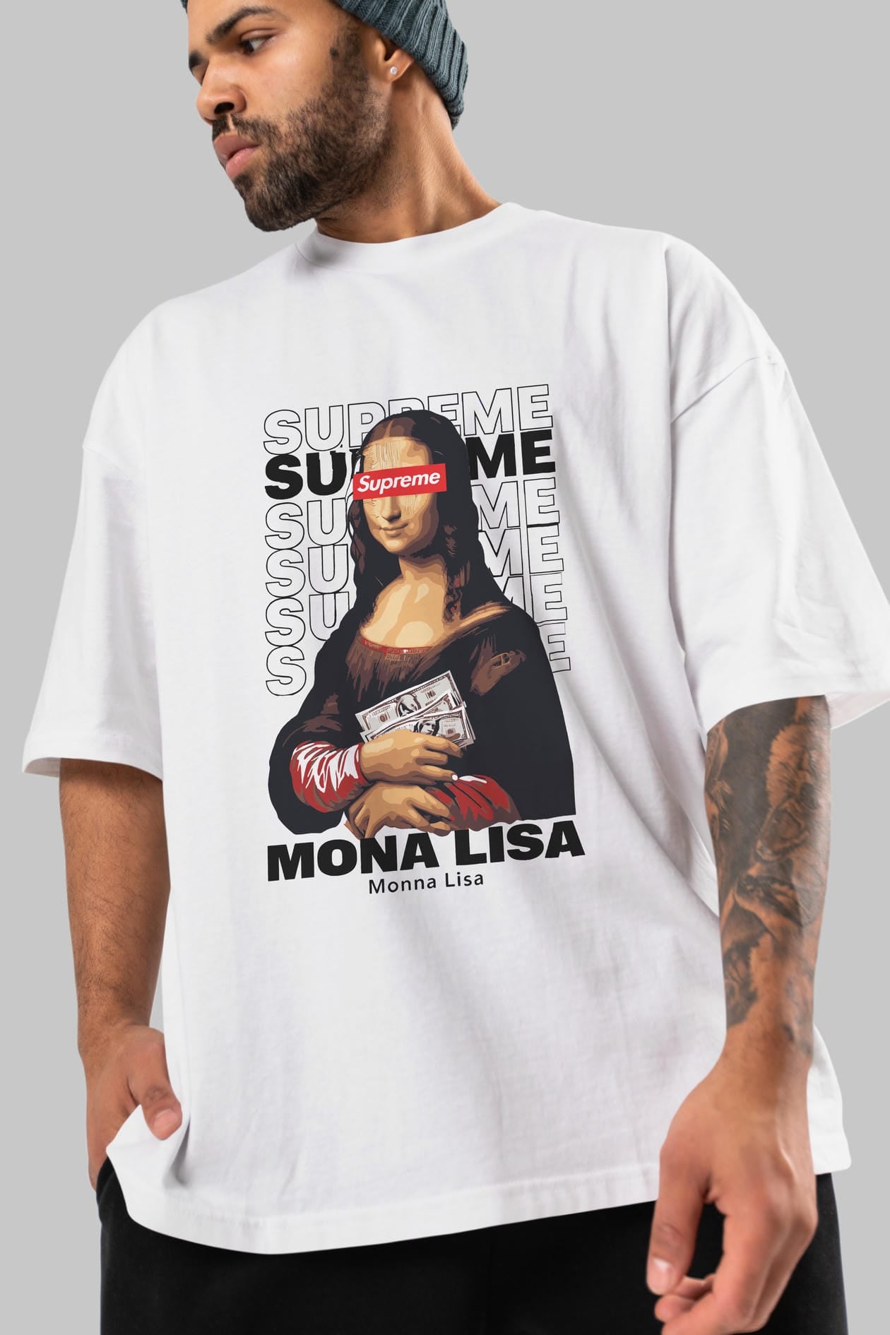Mona Lisa Supreme ön Baskılı Oversize t-shirt Erkek Kadın %100 Pamuk Bisiklet Yaka tişort