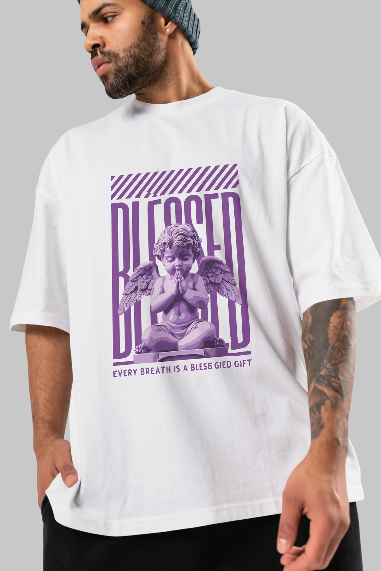 Blessed ön Baskılı Oversize t-shirt Erkek Kadın %100 Pamuk Bisiklet Yaka tişort