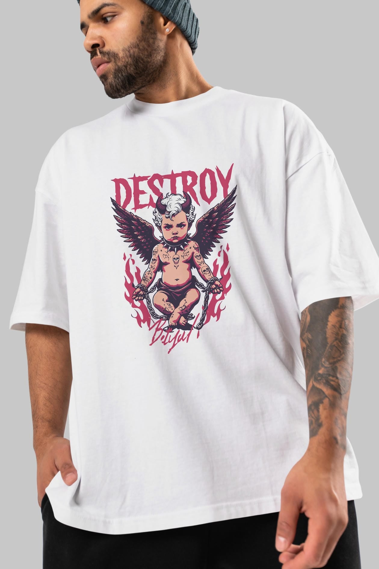 Destroy ön Baskılı Oversize t-shirt Erkek Kadın %100 Pamuk Bisiklet Yaka tişort
