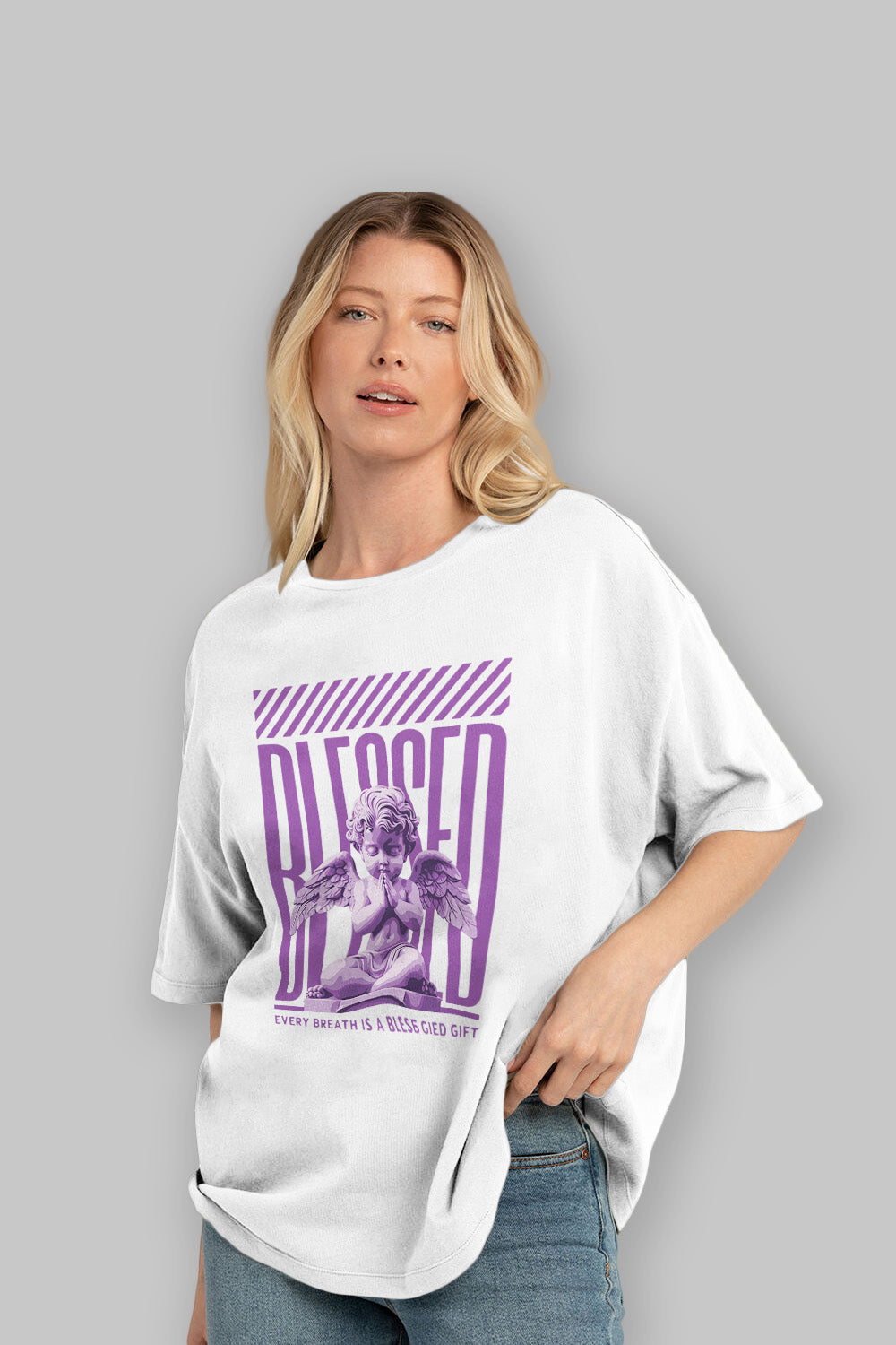 Blessed ön Baskılı Oversize t-shirt Erkek Kadın %100 Pamuk Bisiklet Yaka tişort