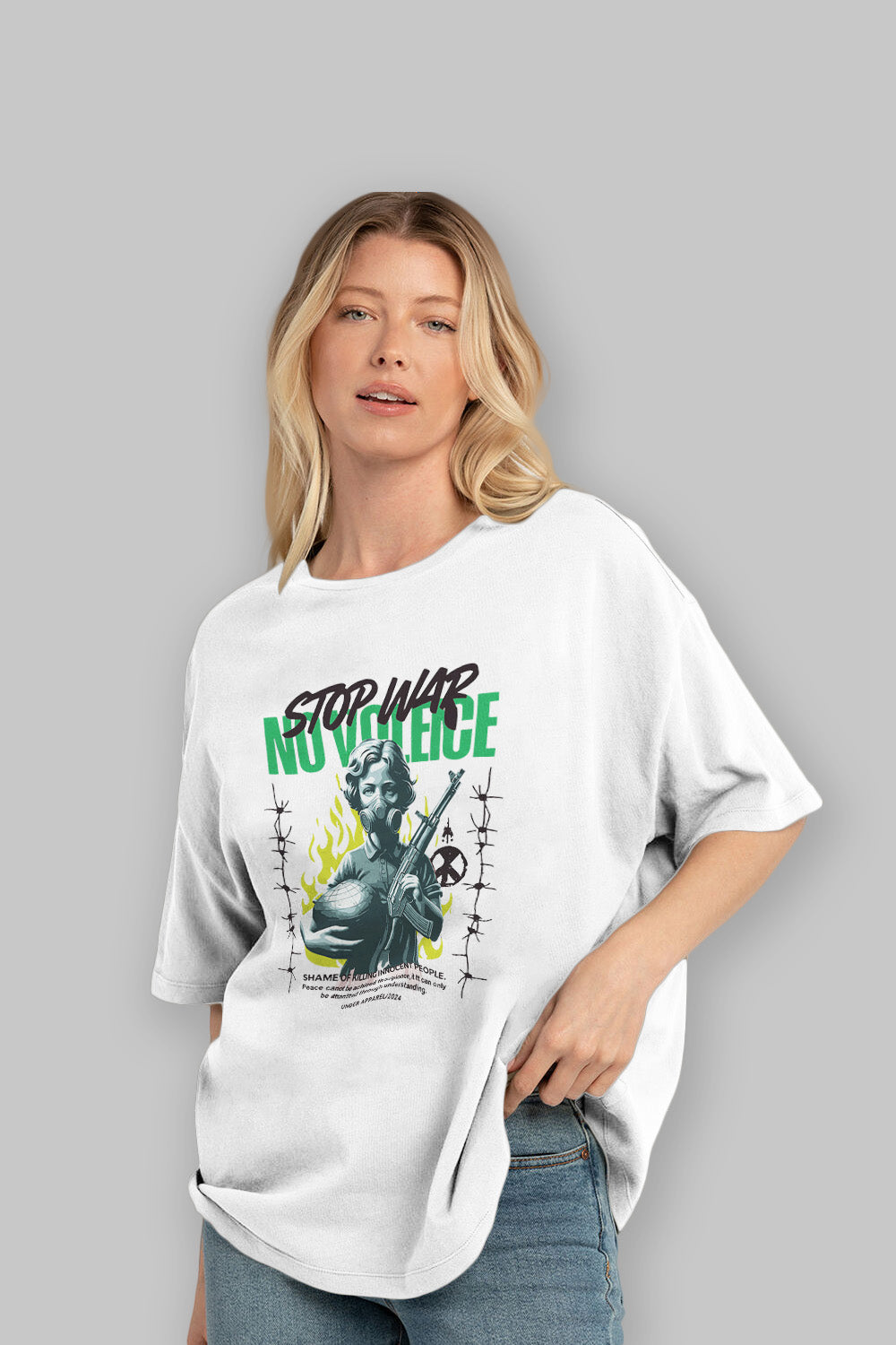 Stop War ön Baskılı Oversize t-shirt Erkek Kadın %100 Pamuk Bisiklet Yaka tişort