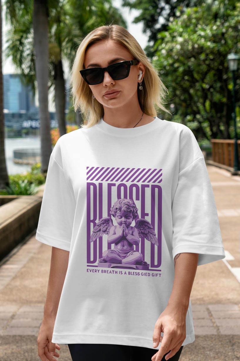 Blessed ön Baskılı Oversize t-shirt Erkek Kadın %100 Pamuk Bisiklet Yaka tişort