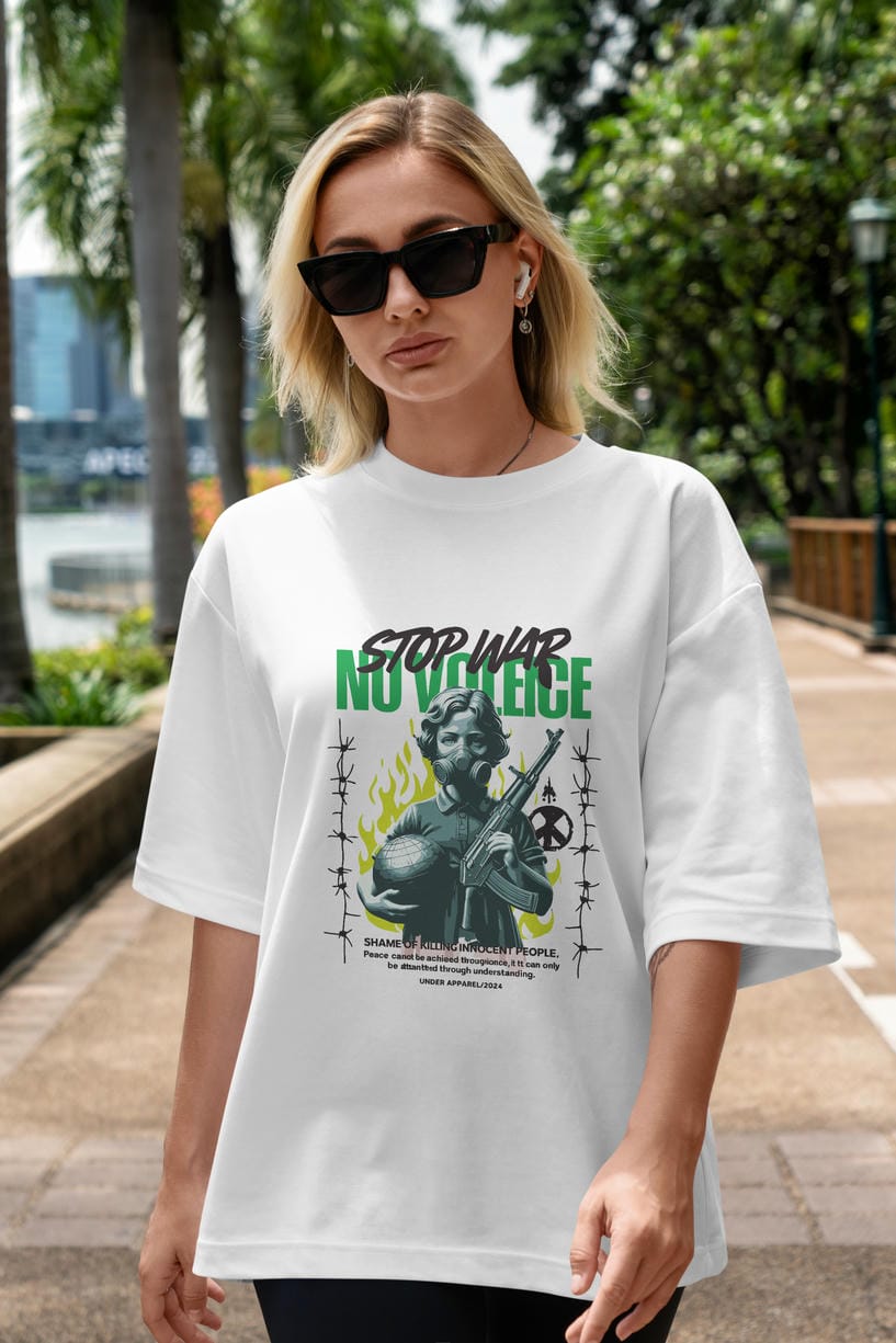 Stop War ön Baskılı Oversize t-shirt Erkek Kadın %100 Pamuk Bisiklet Yaka tişort