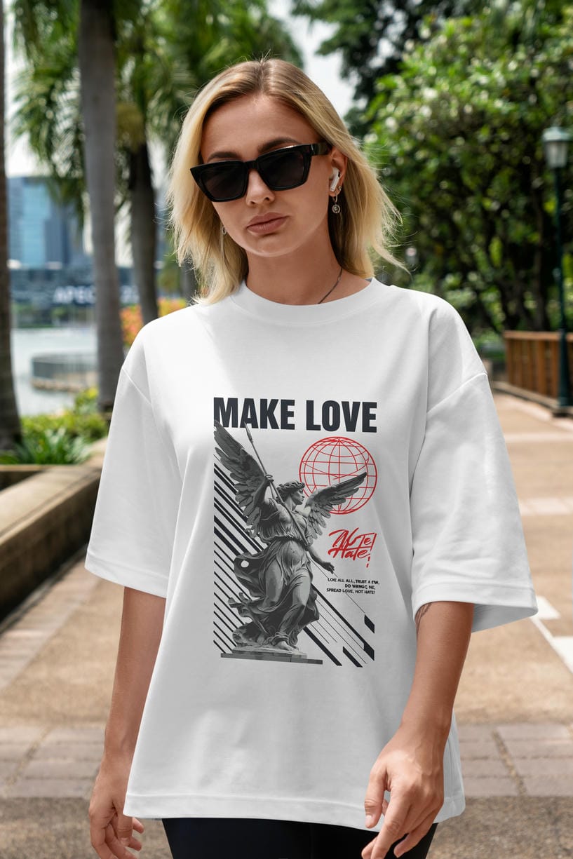 Make Love ön Baskılı Oversize t-shirt Erkek Kadın %100 Pamuk Bisiklet Yaka tişort