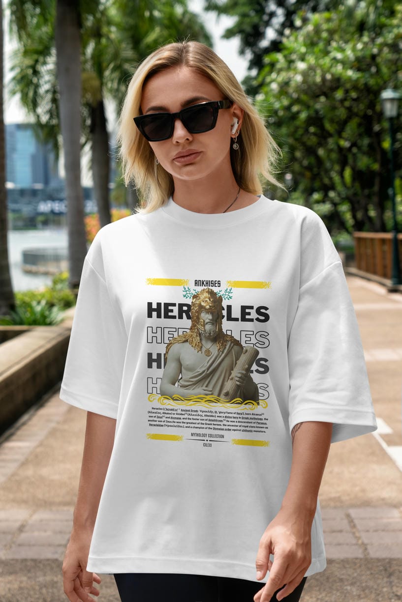 Heracles 1 ön Baskılı Oversize t-shirt Erkek Kadın %100 Pamuk Bisiklet Yaka tişort