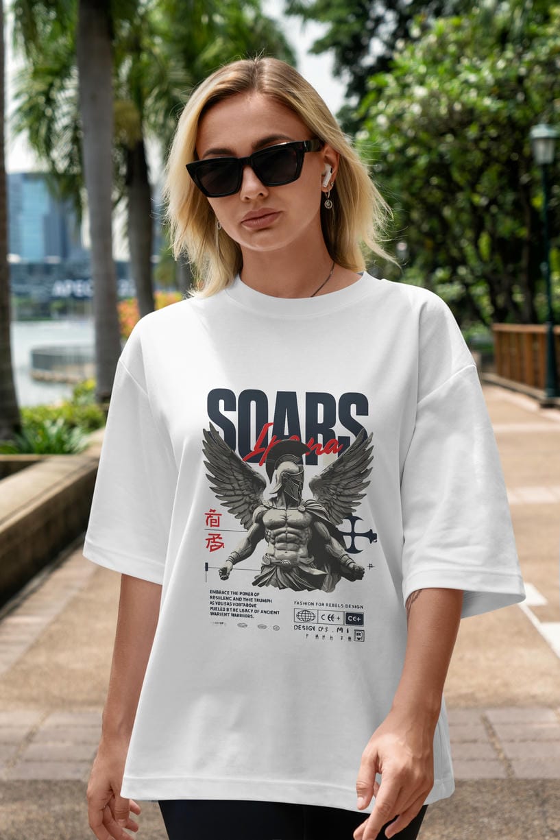 Soars ön Baskılı Oversize t-shirt Erkek Kadın %100 Pamuk Bisiklet Yaka tişort