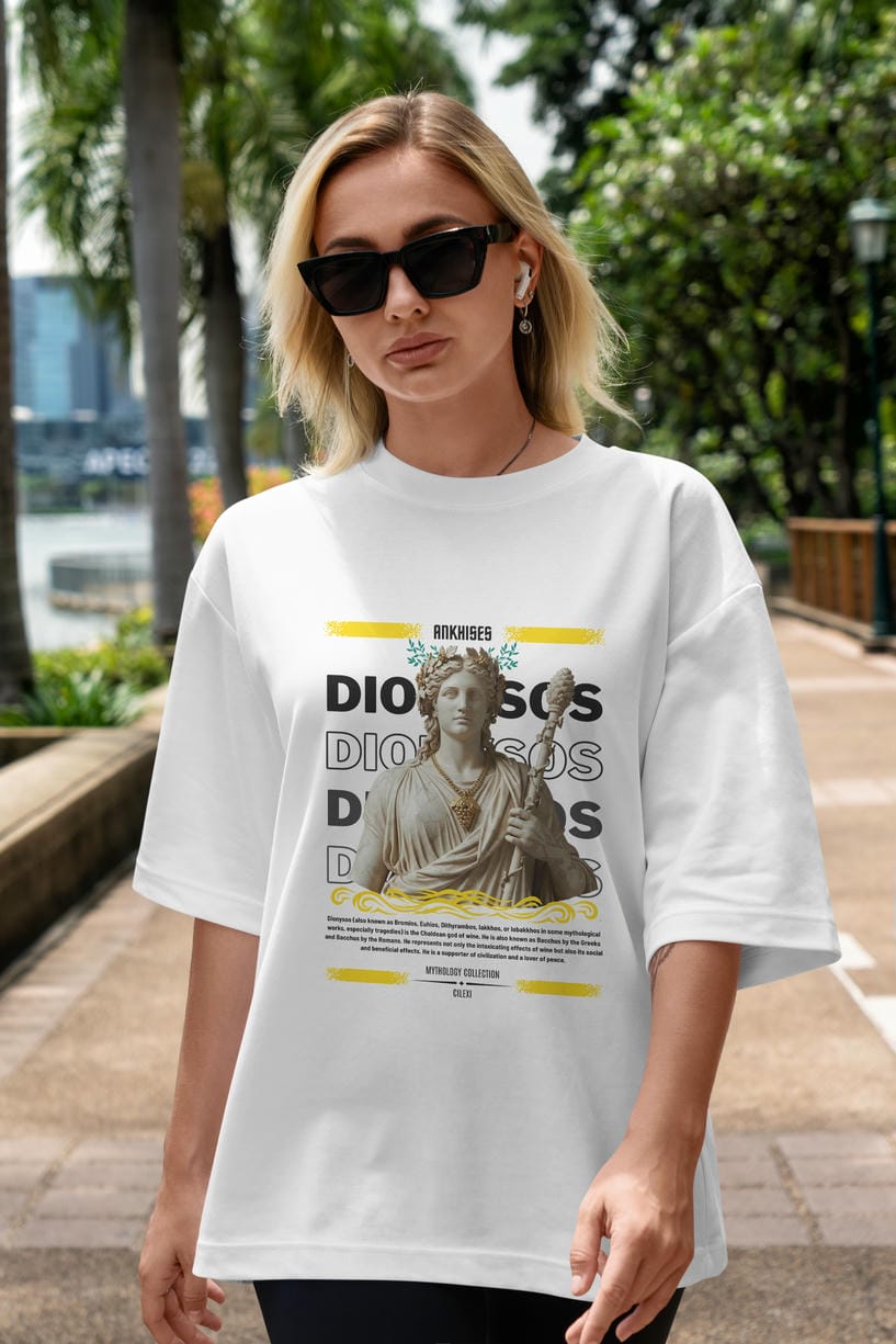 Dionysos 1 ön Baskılı Oversize t-shirt Erkek Kadın %100 Pamuk Bisiklet Yaka tişort
