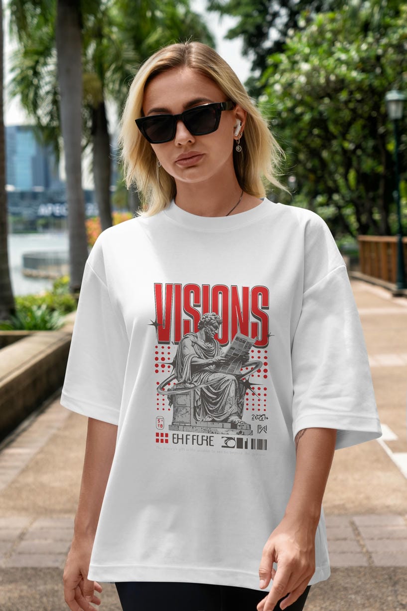 Visions ön Baskılı Oversize t-shirt Erkek Kadın %100 Pamuk Bisiklet Yaka tişort