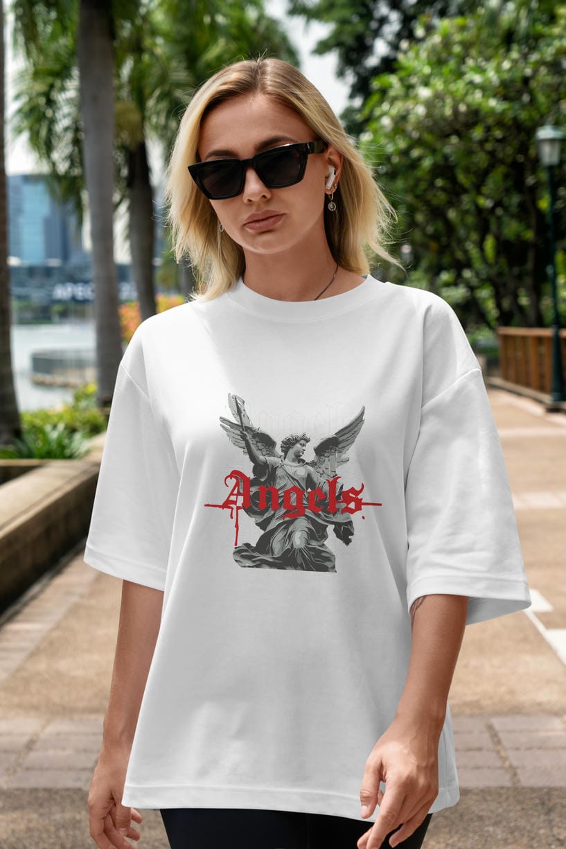 Angels ön Baskılı Oversize t-shirt Erkek Kadın %100 Pamuk Bisiklet Yaka tişort