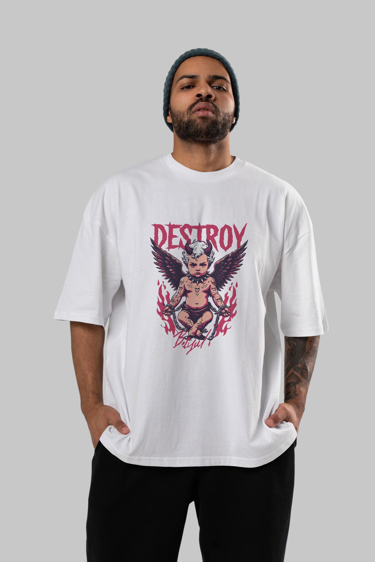 Destroy ön Baskılı Oversize t-shirt Erkek Kadın %100 Pamuk Bisiklet Yaka tişort