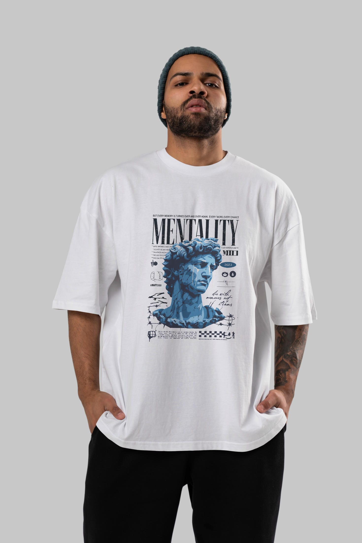 Mentality 2 ön Baskılı Oversize t-shirt Erkek Kadın %100 Pamuk Bisiklet Yaka tişort