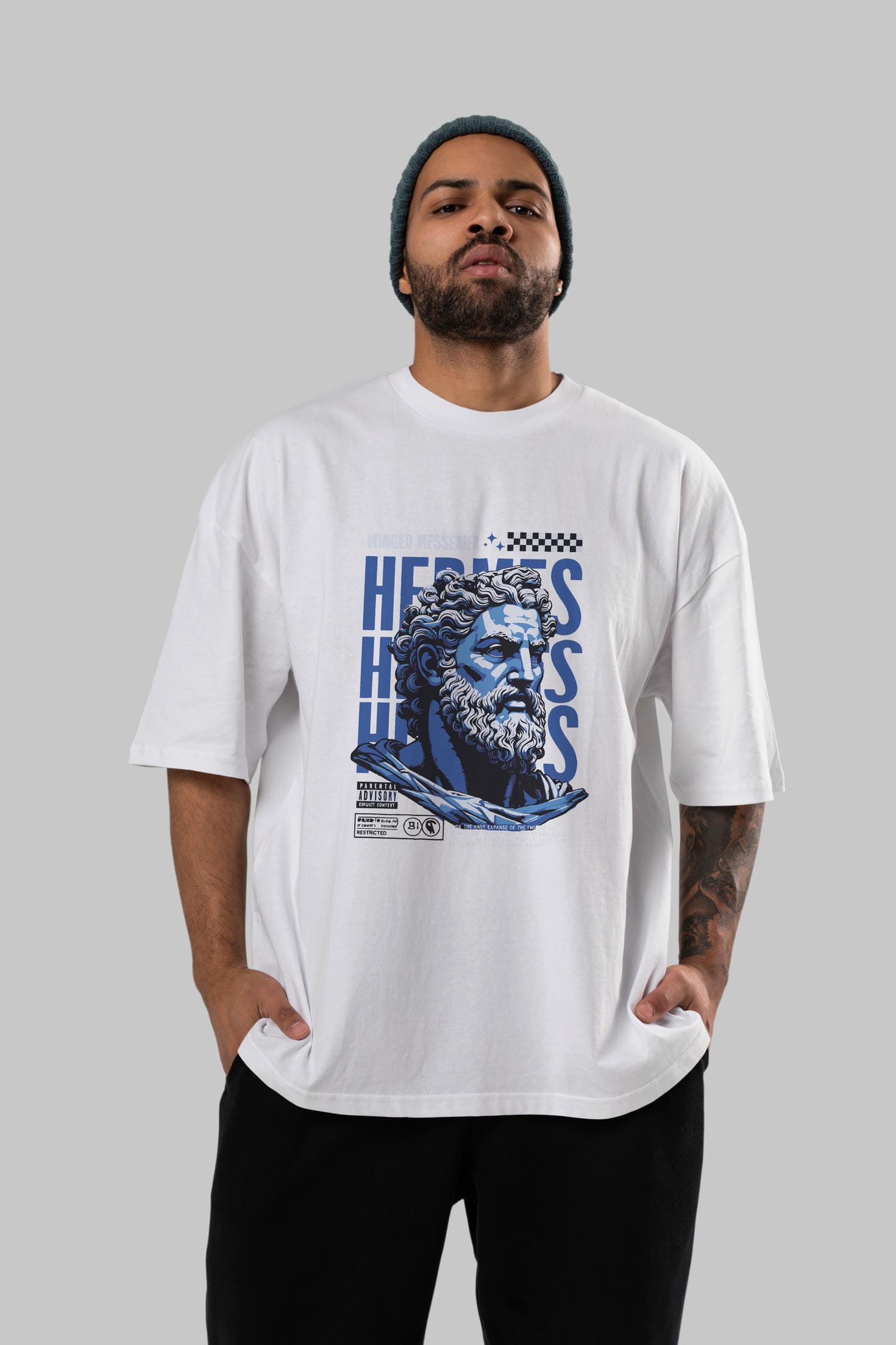 Hermes 1 ön Baskılı Oversize t-shirt Erkek Kadın %100 Pamuk Bisiklet Yaka tişort