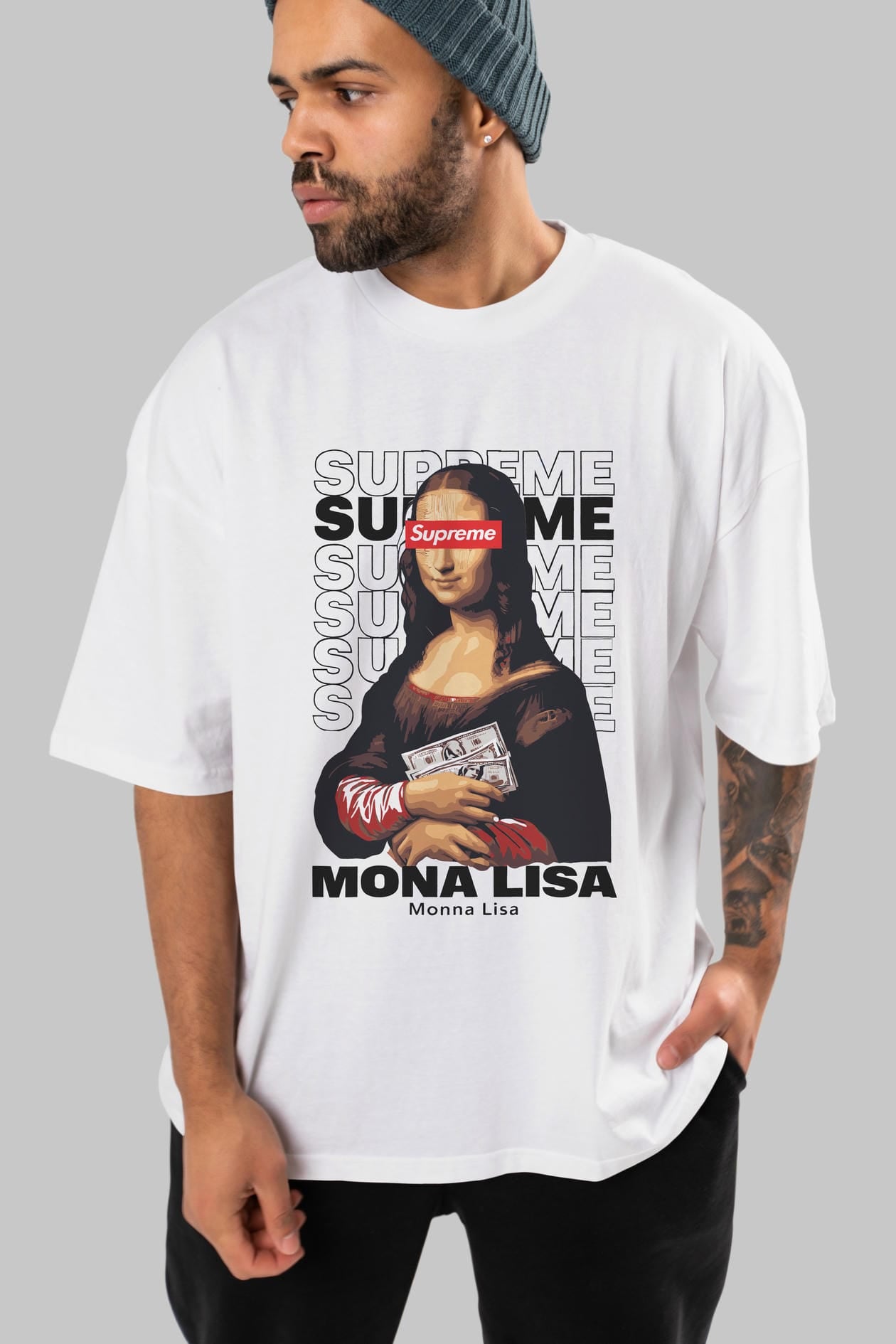 Mona Lisa Supreme ön Baskılı Oversize t-shirt Erkek Kadın %100 Pamuk Bisiklet Yaka tişort