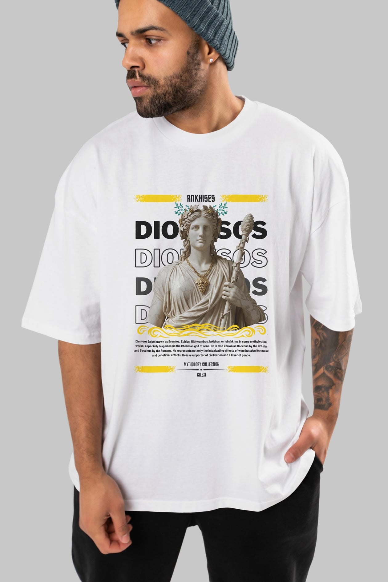 Dionysos 1 ön Baskılı Oversize t-shirt Erkek Kadın %100 Pamuk Bisiklet Yaka tişort