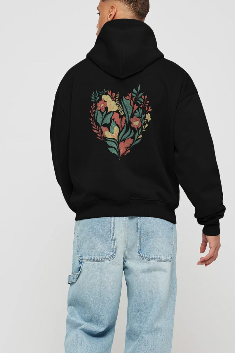 Çiçek Kalp Arka Baskılı Oversize Hoodie Kapüşonlu Sweatshirt Erkek Kadın Unisex - Cilexi