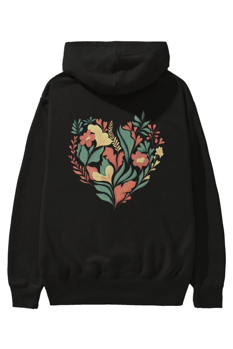 Çiçek Kalp Arka Baskılı Oversize Hoodie Kapüşonlu Sweatshirt Erkek Kadın Unisex - Cilexi