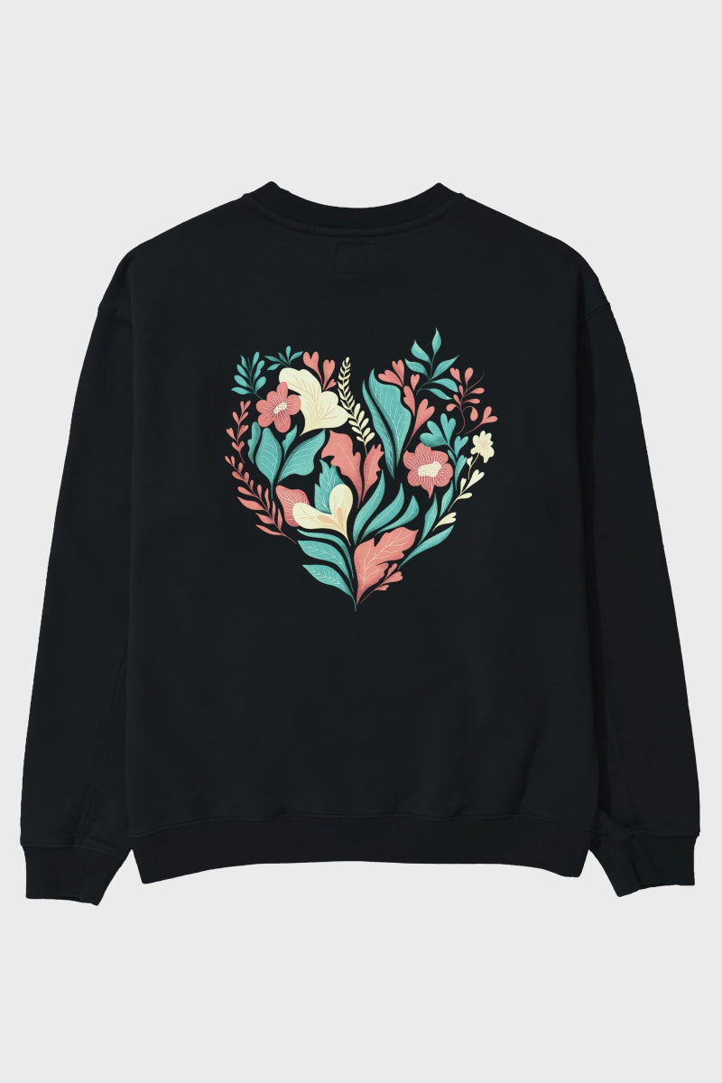 Çiçek Kalp Arka Baskılı Oversize Sweatshirt Erkek Kadın Unisex - Cilexi