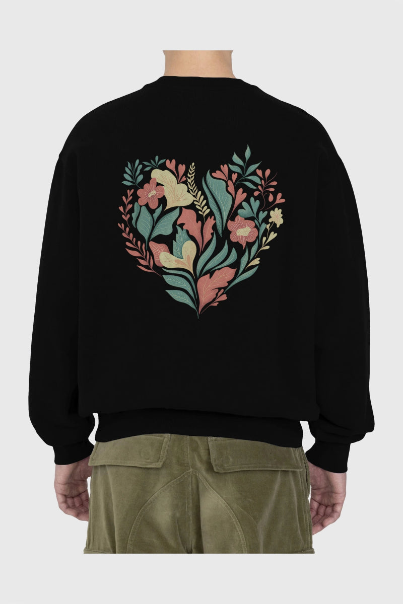 Çiçek Kalp Arka Baskılı Oversize Sweatshirt Erkek Kadın Unisex - Cilexi