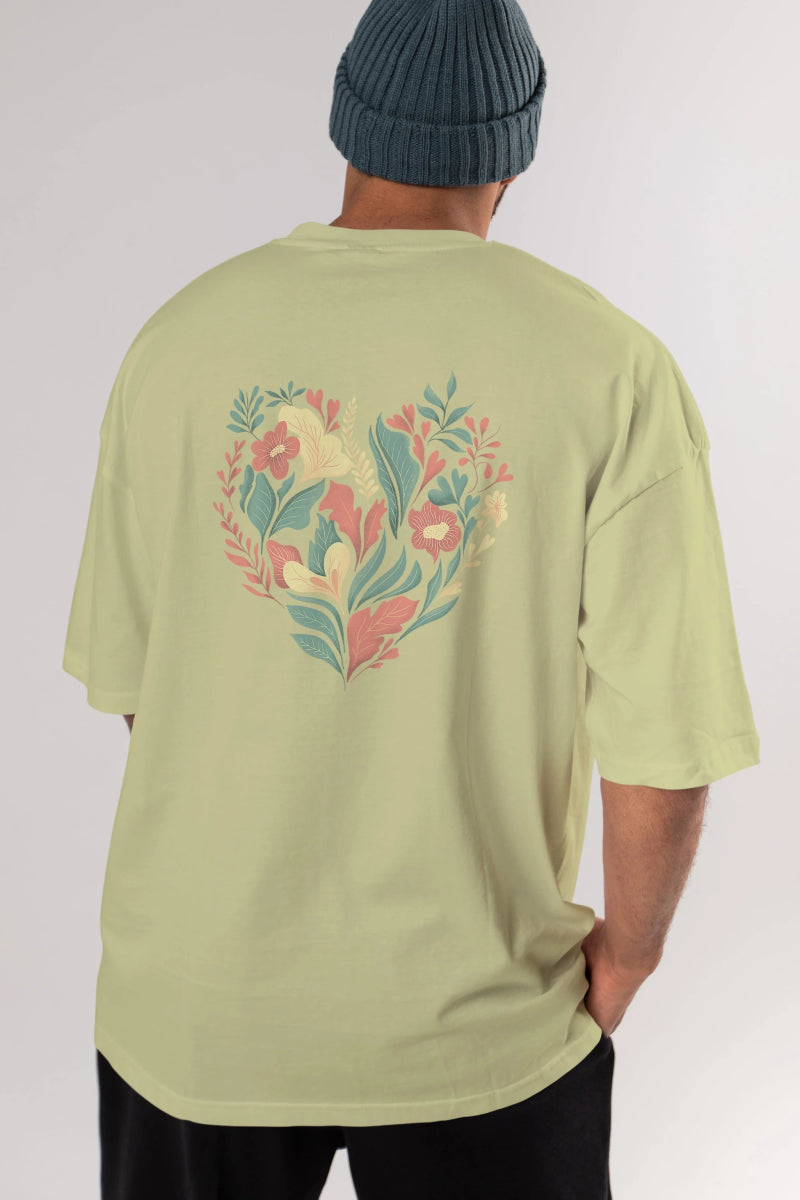 Çiçek Kalp Arka Baskılı Oversize t-shirt Erkek Kadın Unisex - Cilexi