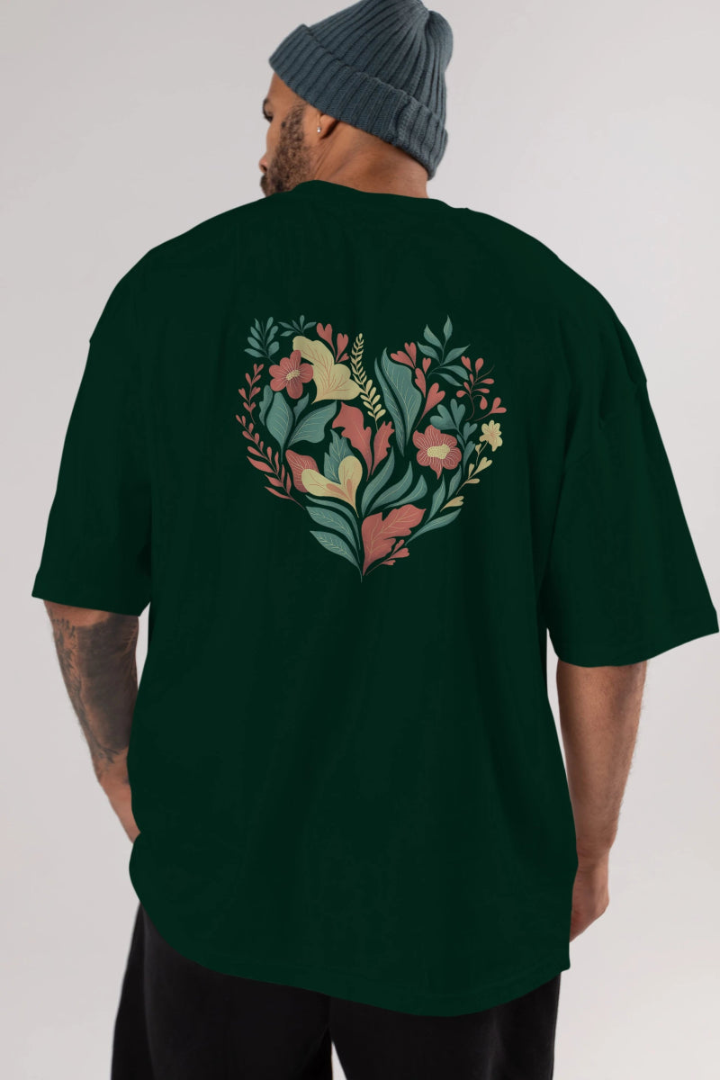 Çiçek Kalp Arka Baskılı Oversize t-shirt Erkek Kadın Unisex - Cilexi