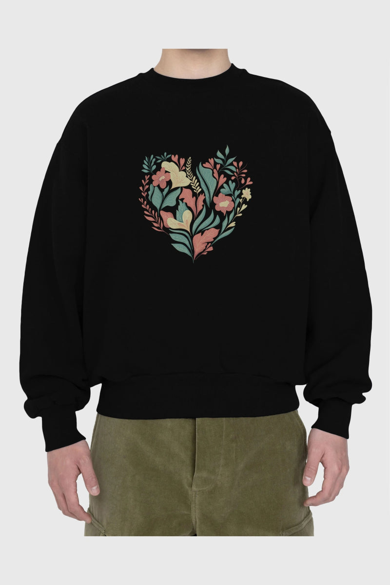 Çiçek Kalp Ön Baskılı Oversize Sweatshirt Erkek Kadın Unisex - Cilexi