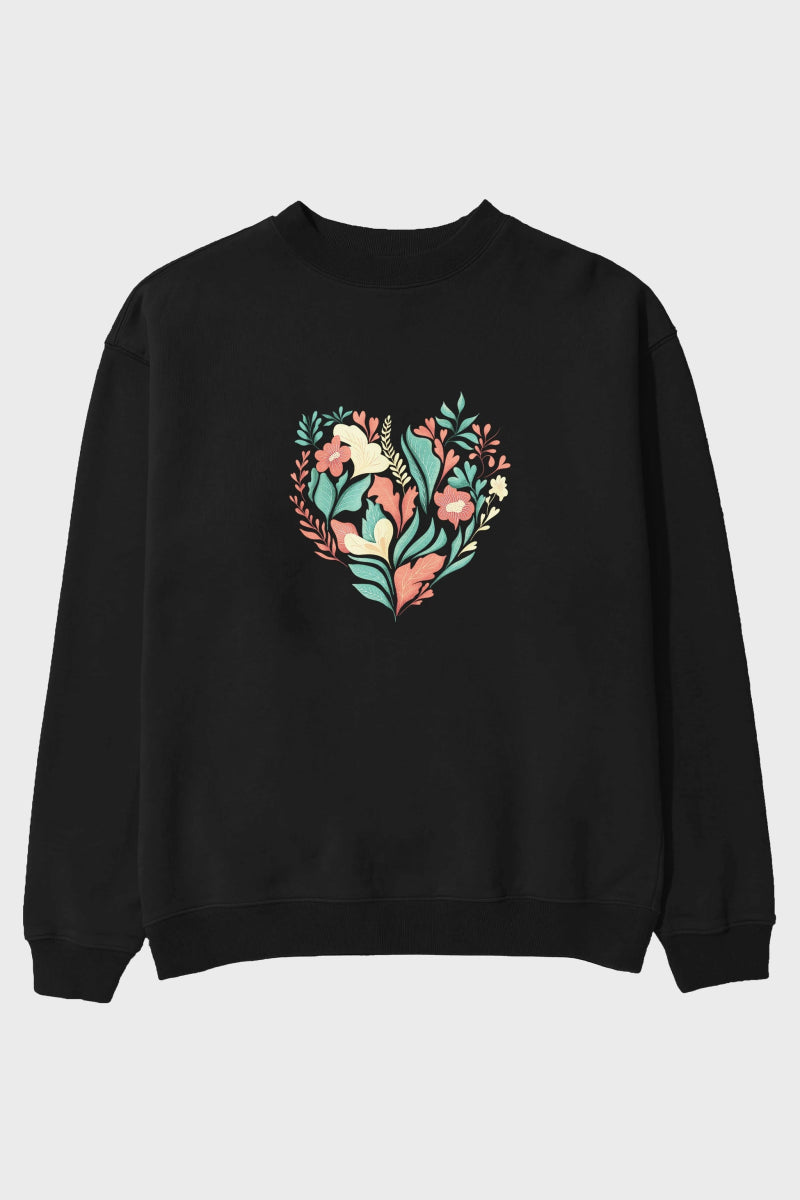 Çiçek Kalp Ön Baskılı Oversize Sweatshirt Erkek Kadın Unisex - Cilexi