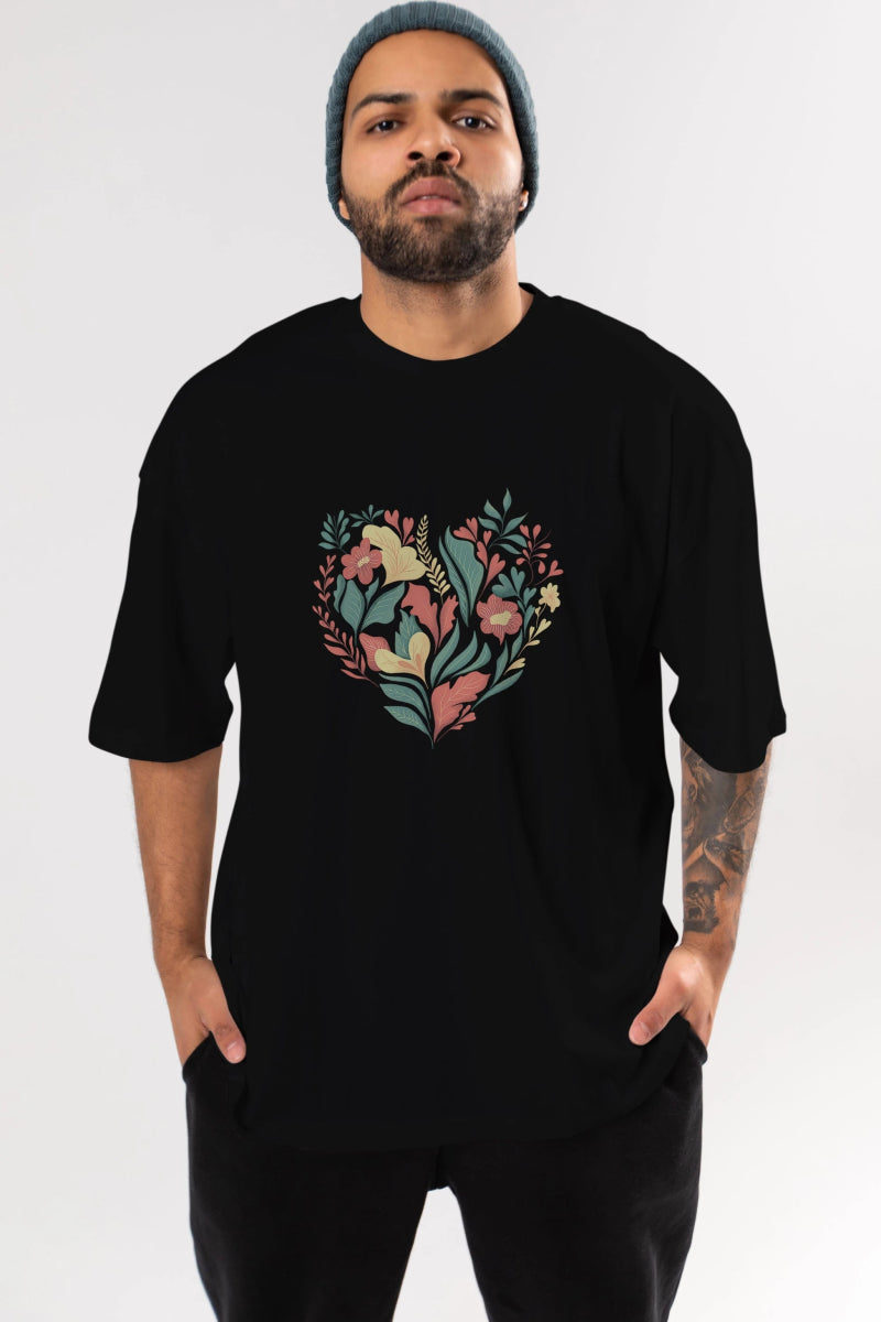 Çiçek Kalp Ön Baskılı Oversize t-shirt Erkek Kadın Unisex - Cilexi