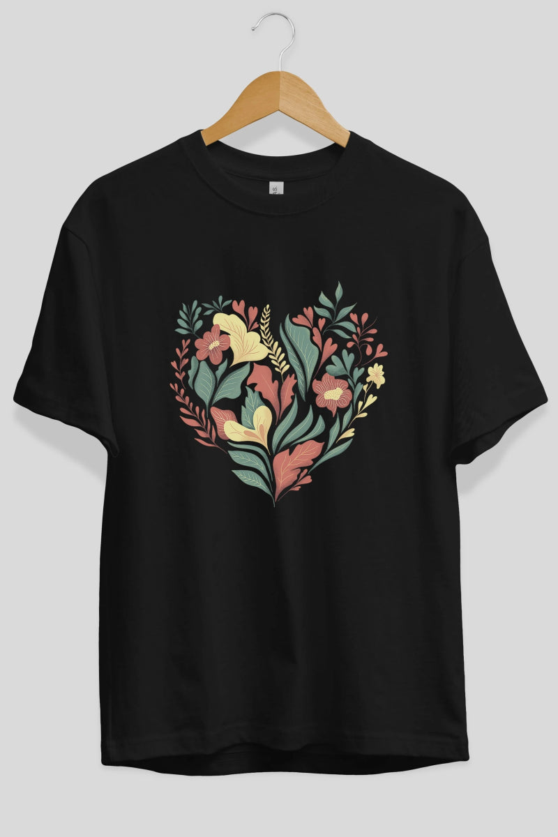 Çiçek Kalp Ön Baskılı Oversize t-shirt Erkek Kadın Unisex - Cilexi