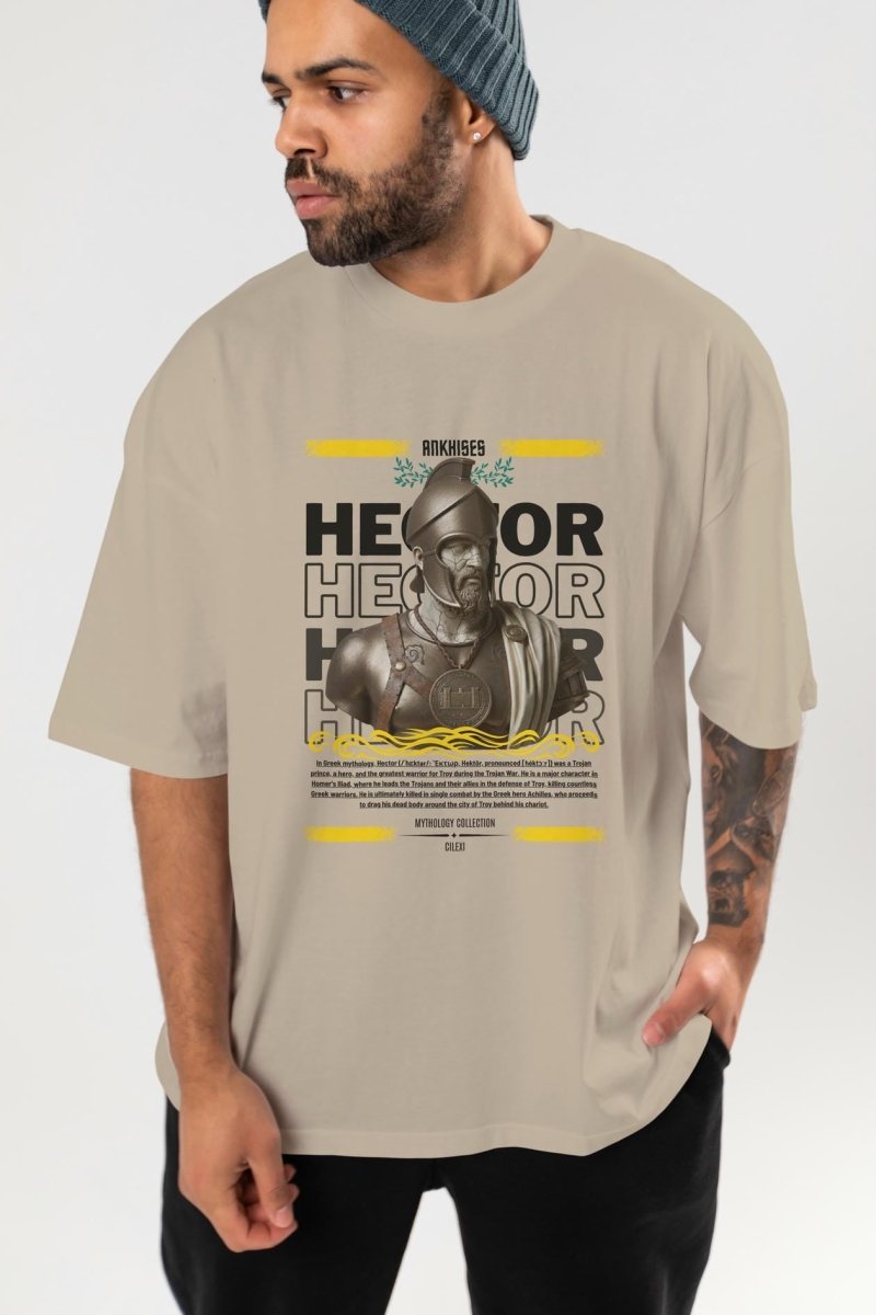 Hector 1 ön Baskılı Oversize t-shirt Erkek Kadın %100 Pamuk Bisiklet Yaka tişort - Cilexi