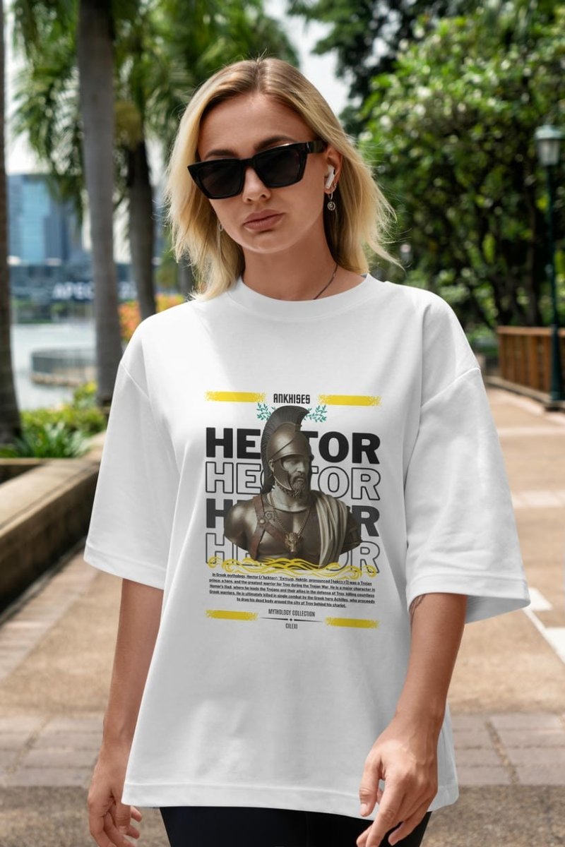 Hector 2 ön Baskılı Oversize t-shirt Erkek Kadın %100 Pamuk Bisiklet Yaka tişort - Cilexi