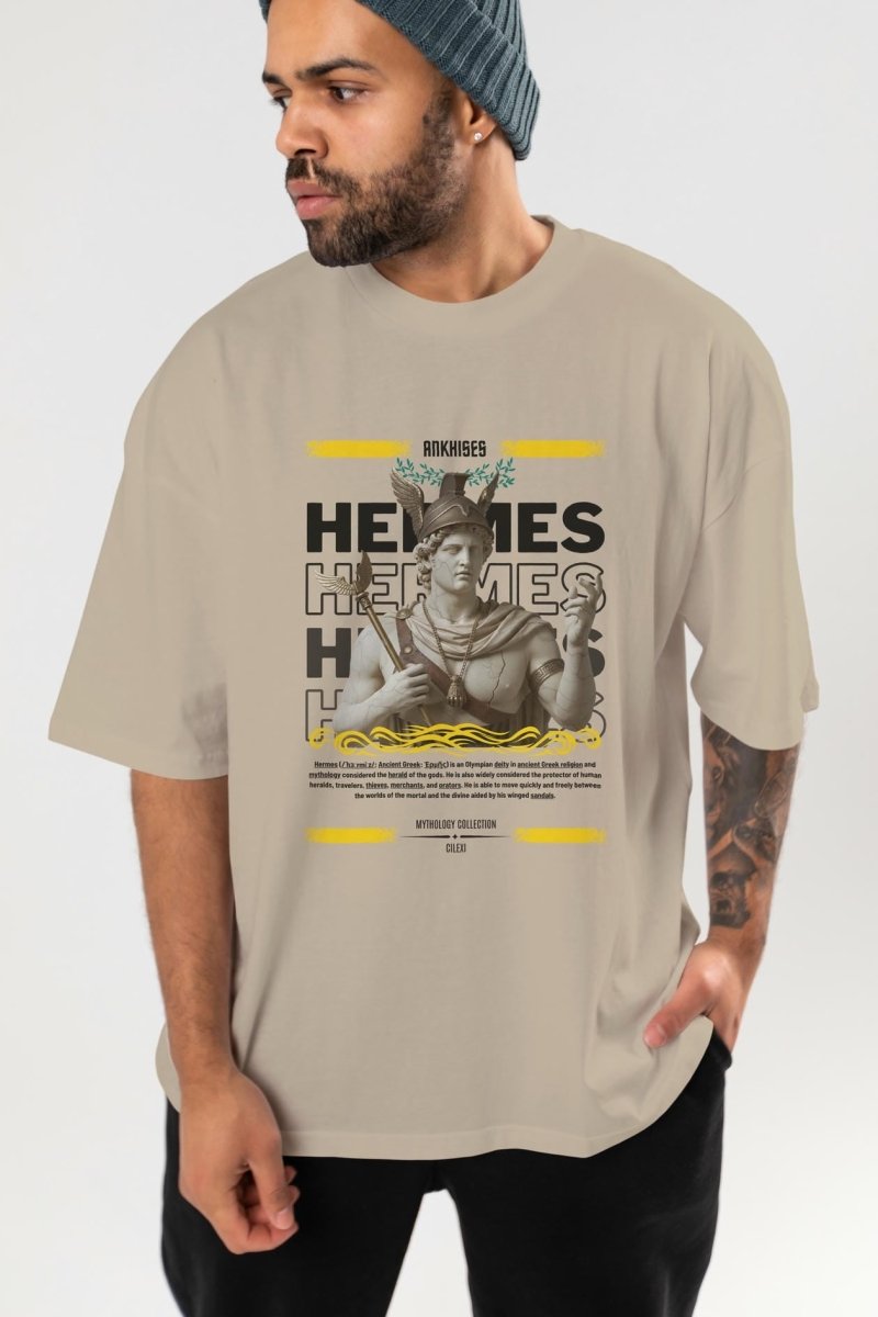 Hermes 1 ön Baskılı Oversize t-shirt Erkek Kadın %100 Pamuk Bisiklet Yaka tişort - Cilexi