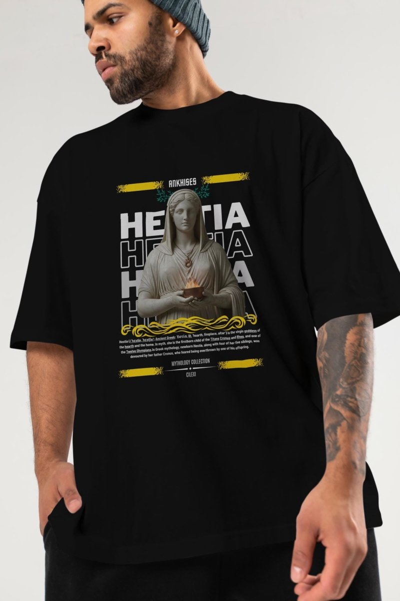 Hestia 1 ön Baskılı Oversize t-shirt Erkek Kadın %100 Pamuk Bisiklet Yaka tişort - Cilexi