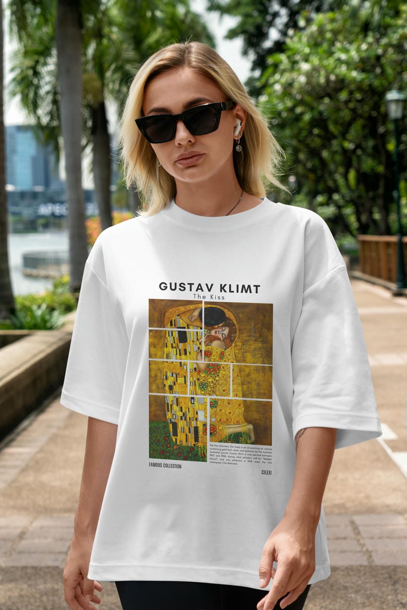 Gustav Klimt The Kiss ön Baskılı Oversize t-shirt Erkek Kadın Bisiklet Yaka Pamuk tişort